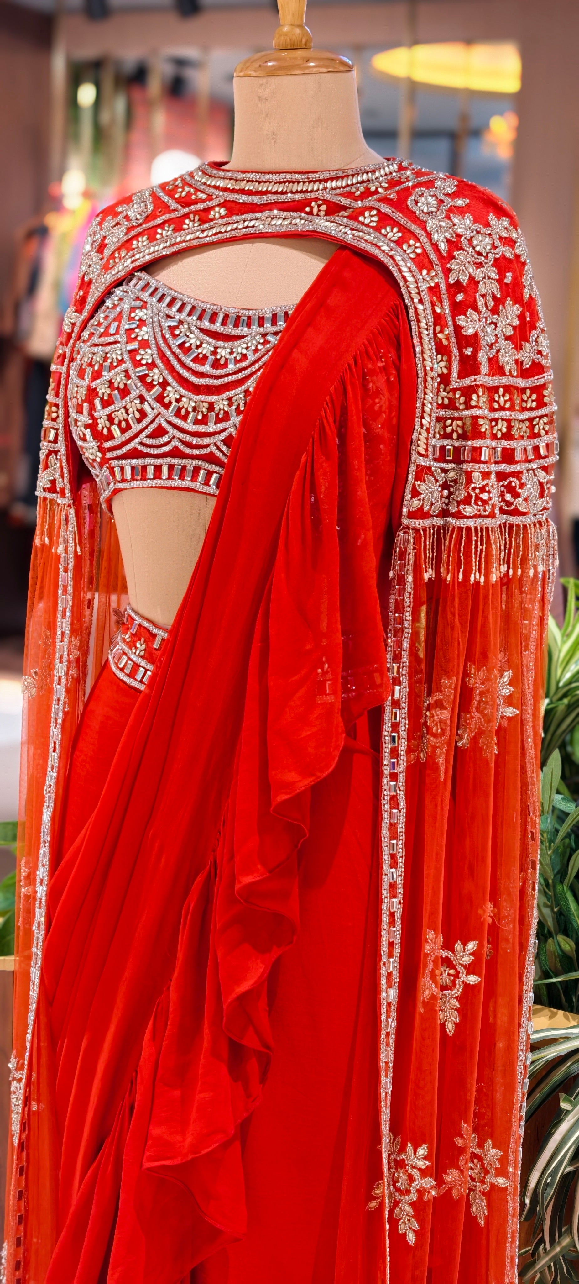 Elegant Rust Red Embroidered Drape Saree Set with Designer Cutwork Blouse & Ruffle Dupatta 14093 RB69