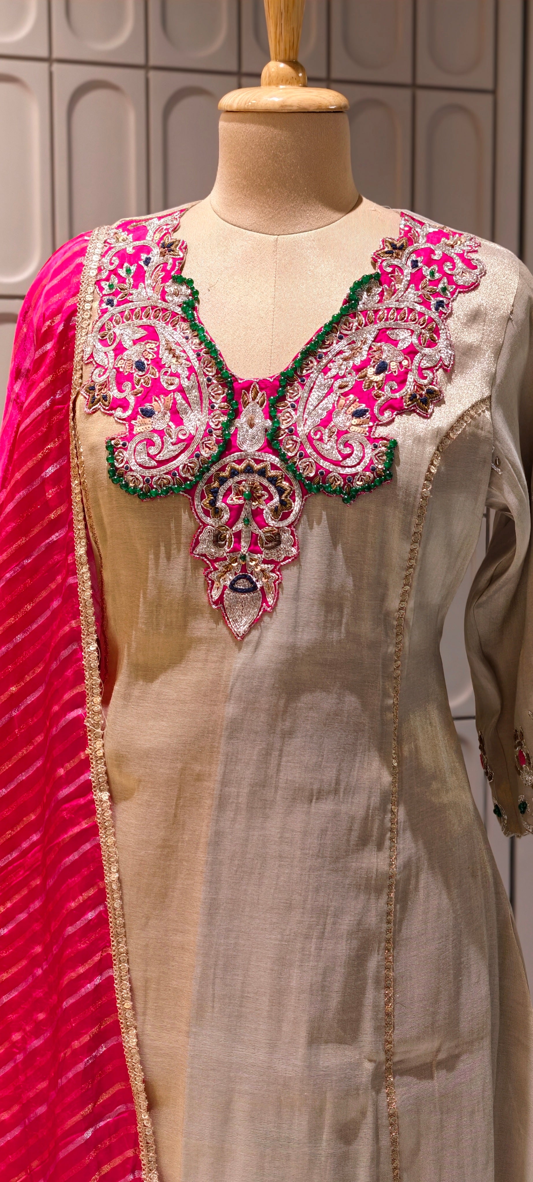 Luxury Designer Tissue Kurta Set with Hand Embellished Zari & Stone Work Neckline and Contrast Dupatta-13809