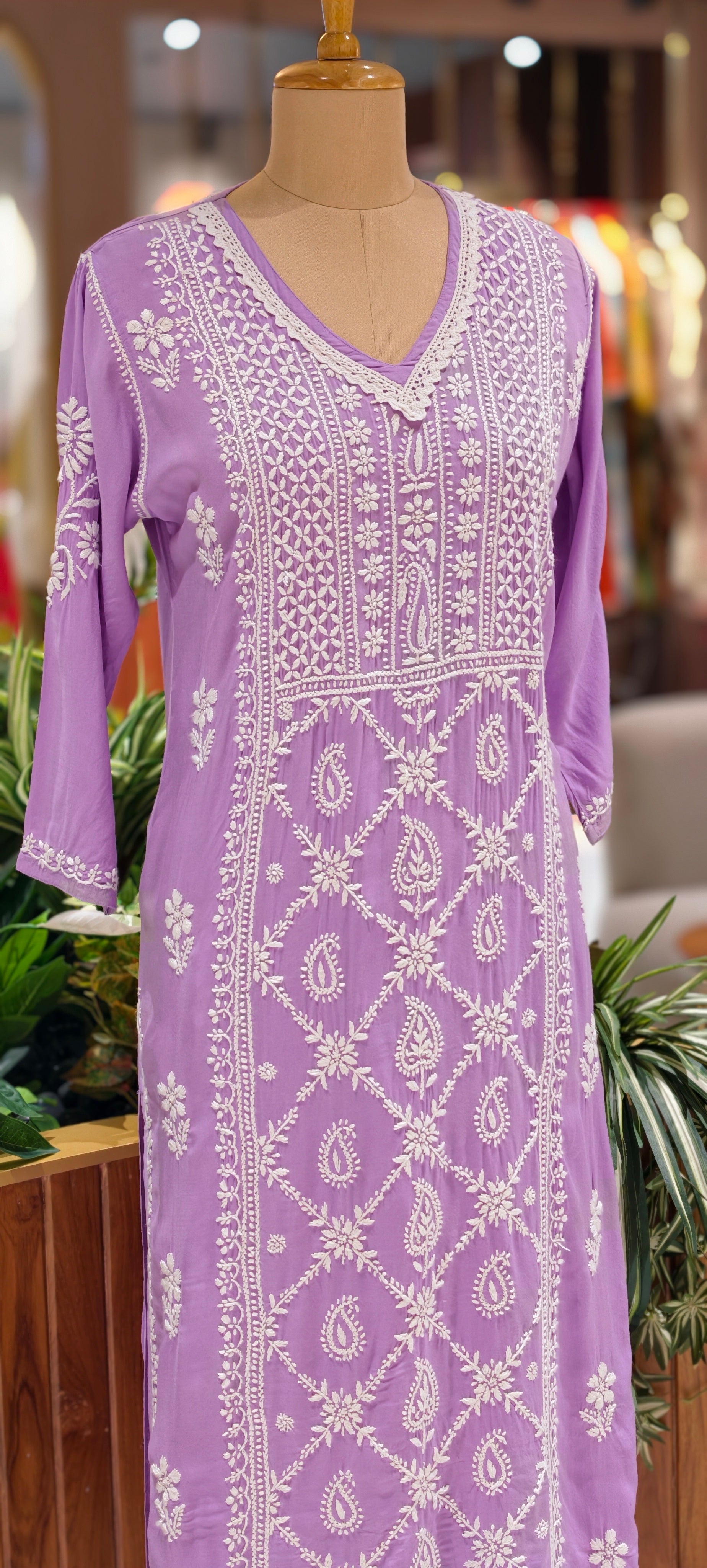 Beautiful Muslin Fabric without Lining Lucknowi style kurta pant set with Intricate White Thread Embroidery -13947