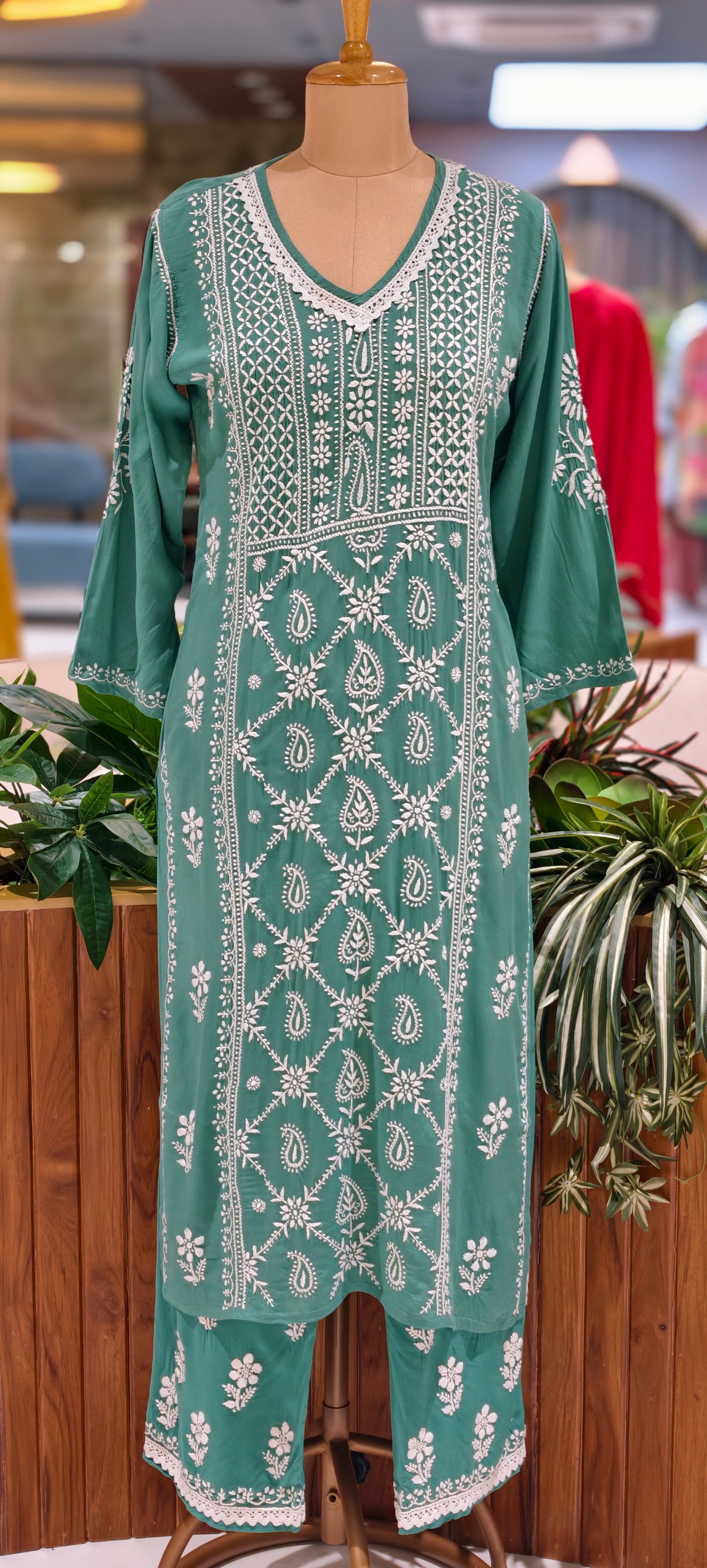 Beautiful Muslin Fabric without Lining Lucknowi style kurta pant set with Intricate White Thread Embroidery -13947