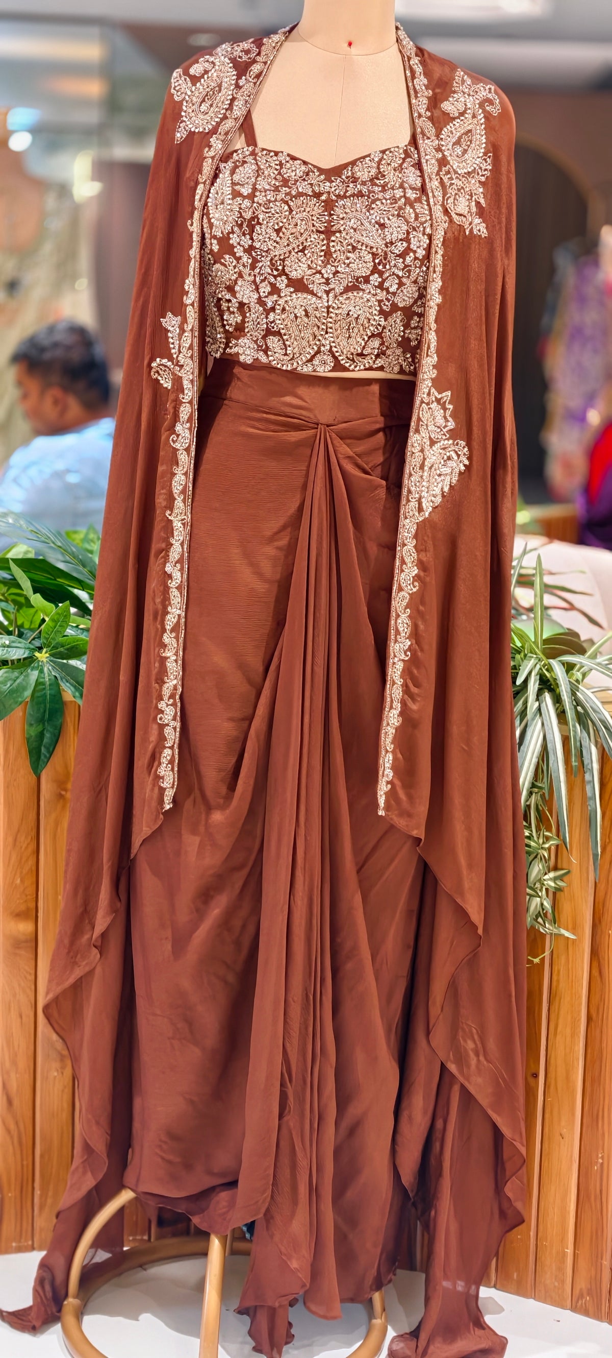 Luxury Chinon 3-Piece indowestern Heavy Embroidery,Crop Top with Dhoti & Flowing Cape 16826