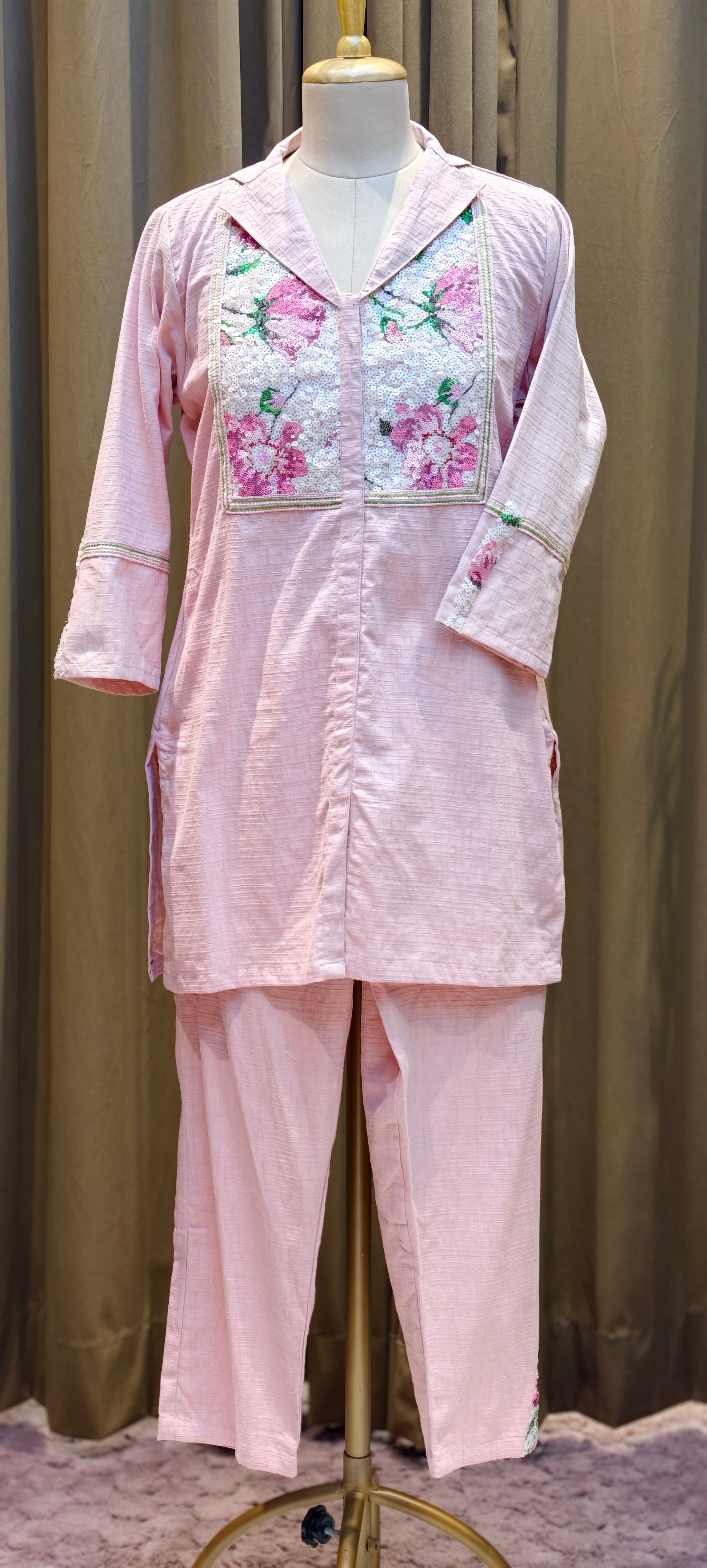 Beautiful Premium Cotton kurta pant set floral printed and embellished front panel-13932