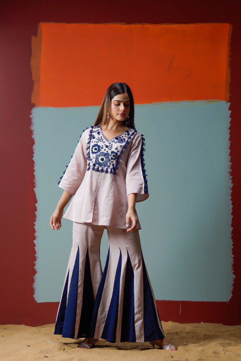 Pure Thread Embroidery Boho Chic Flex Cotton Matching Kurta Pant Set- 13210