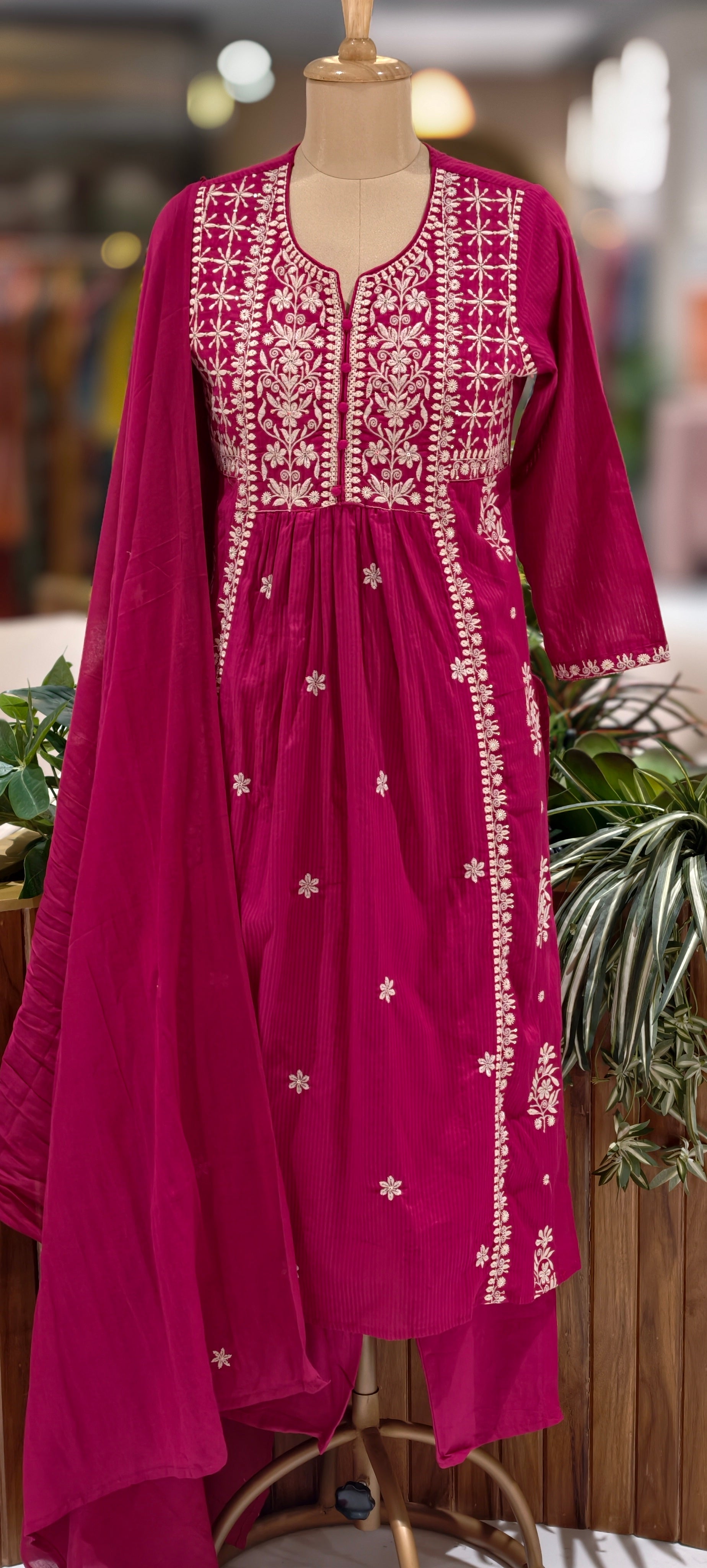 Chikankari Style Thread Embroidered Aline Kurta Set with Pants & Dupatta