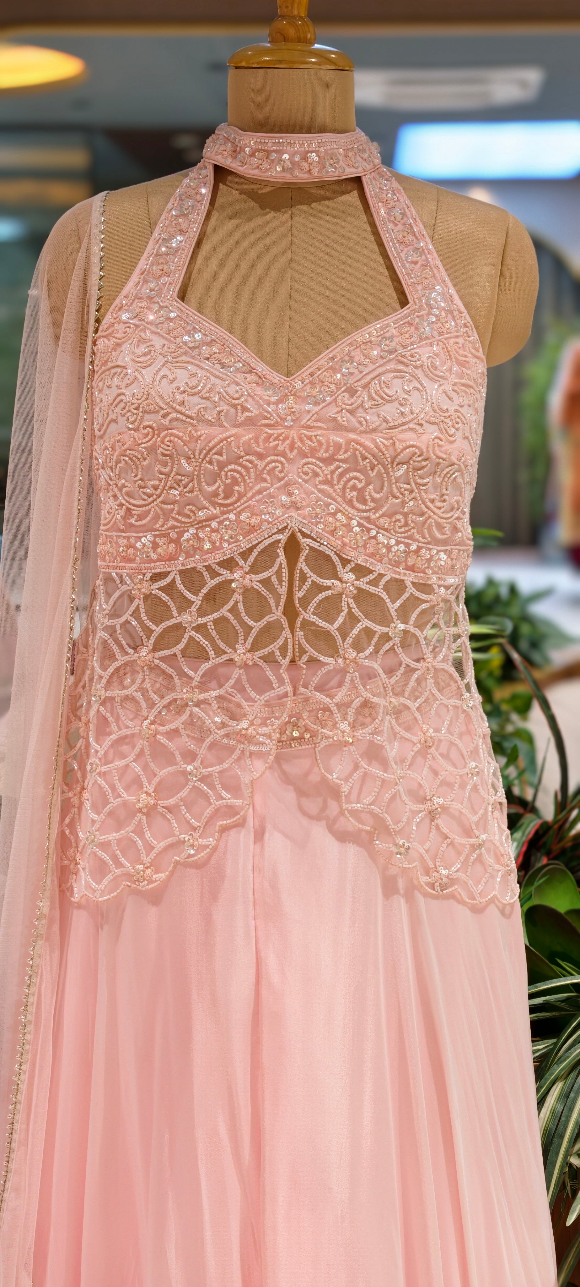 Soft Blush Pink Embroidered Divider Top With Flared Bottom with Sheer Neck Detail & Flowy Silhouette 14092 RB82