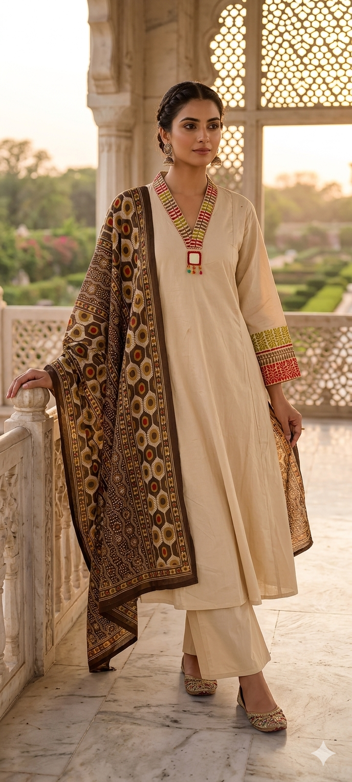 Premium Cotton Ethnic Suit Set with Ajrakh Printed Dupatta & Statement Neck Detailing 13915 RB38