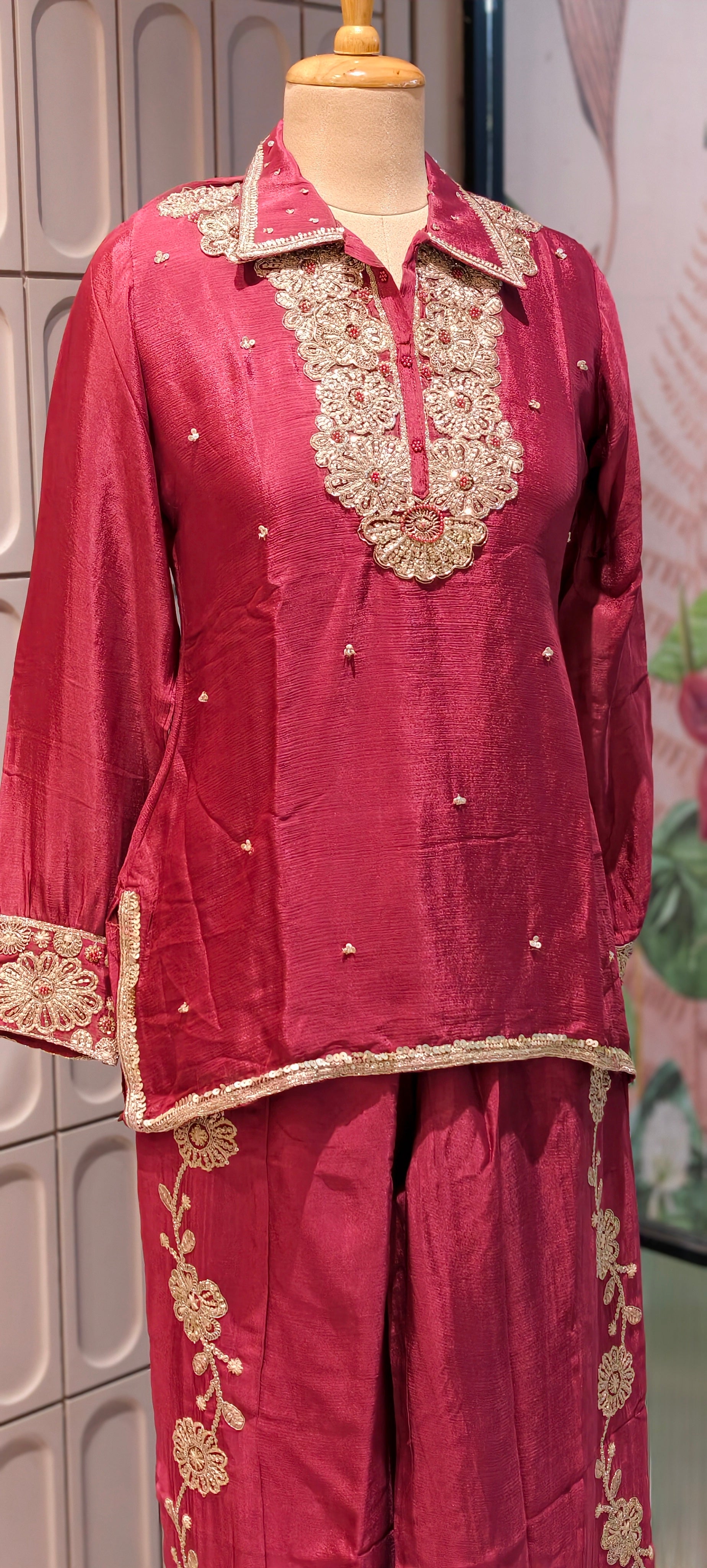 Designer Shirt Style Kurta Luxury Chinon Fabric Co-Ord Set with Intricate Embroidery 13996 RB07