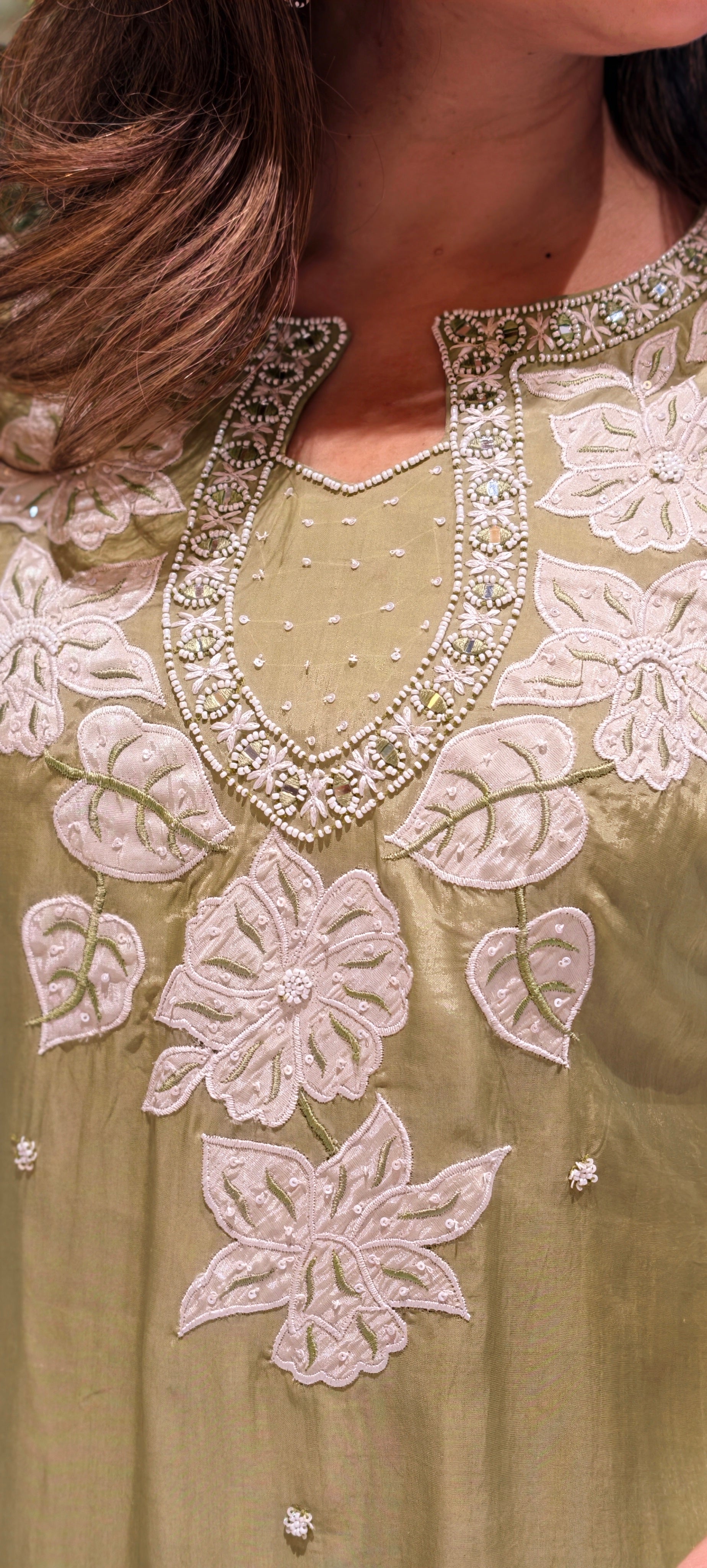 Ethereal Blooms: Hand-Embroidered Organza Silk Co-ord Set with Scalloped Lace Detailing13917