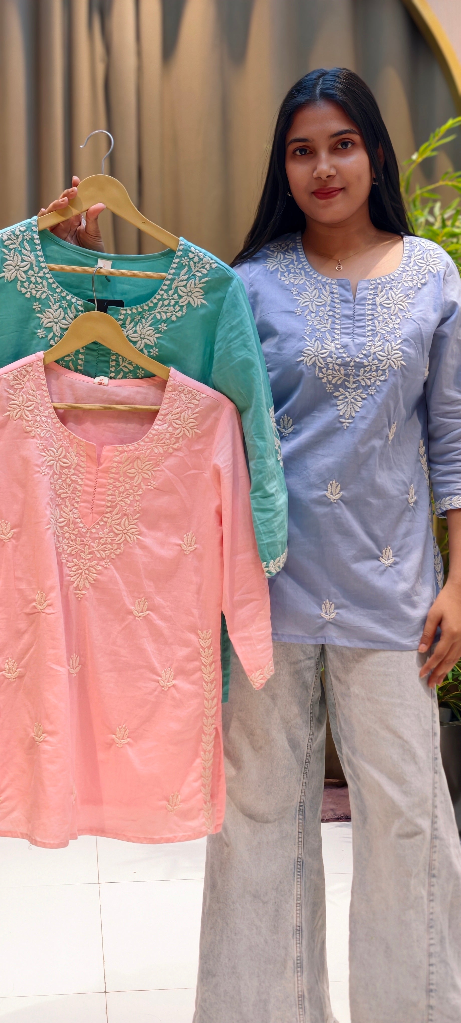 Floral Embroidered Round Neck Mul Cotton Short Kurti Top-13945 RB309