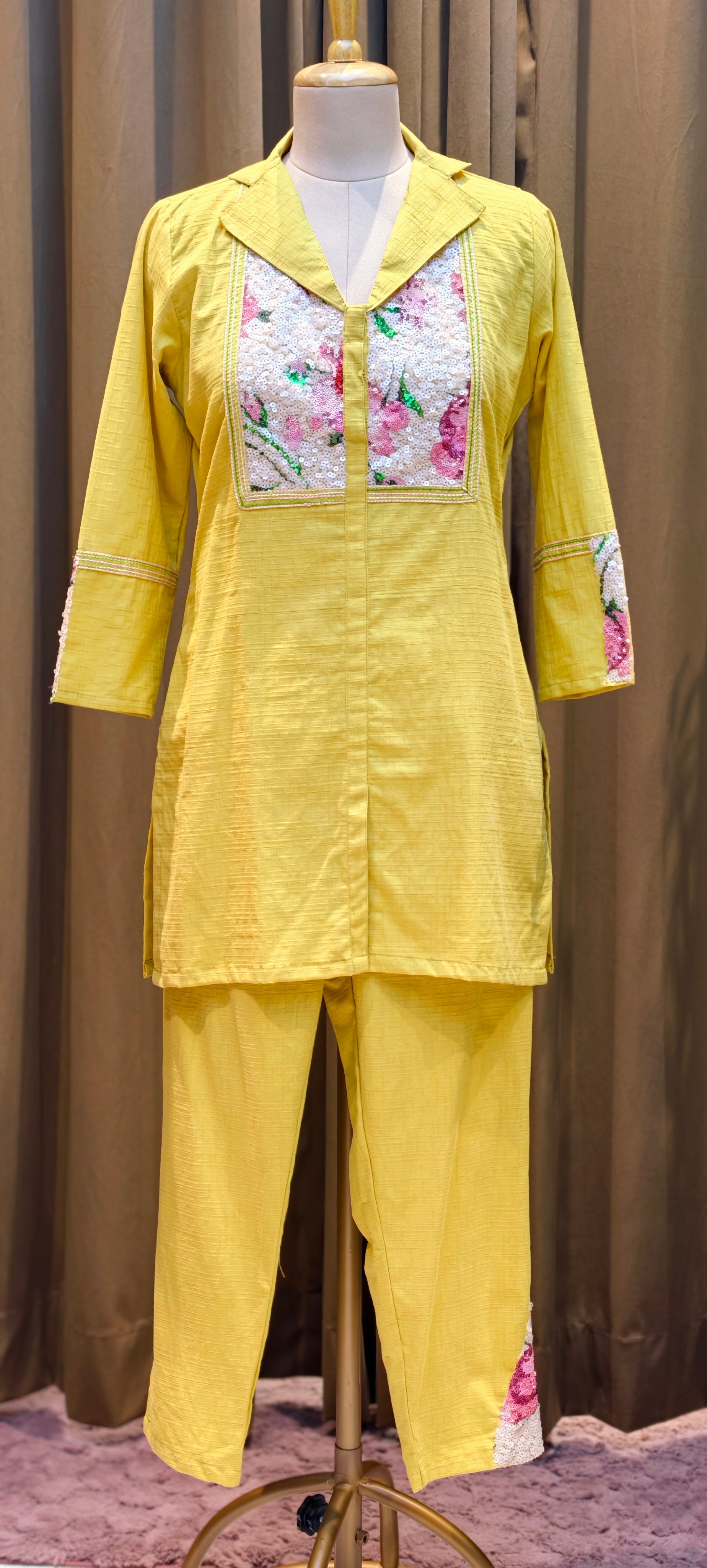 Beautiful Premium Cotton kurta pant set floral printed and embellished front panel-13932