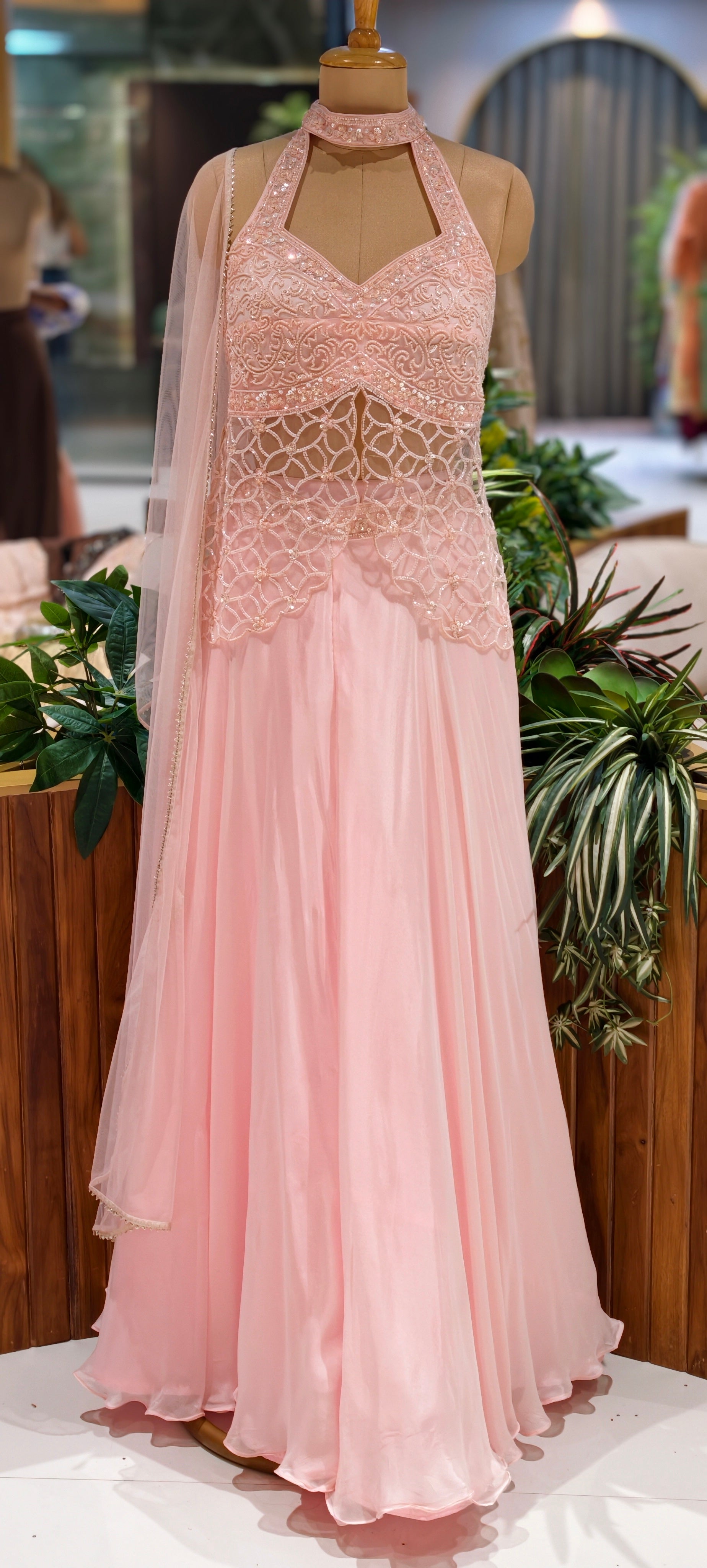 Soft Blush Pink Embroidered Divider Top With Flared Bottom with Sheer Neck Detail & Flowy Silhouette 14092 RB82