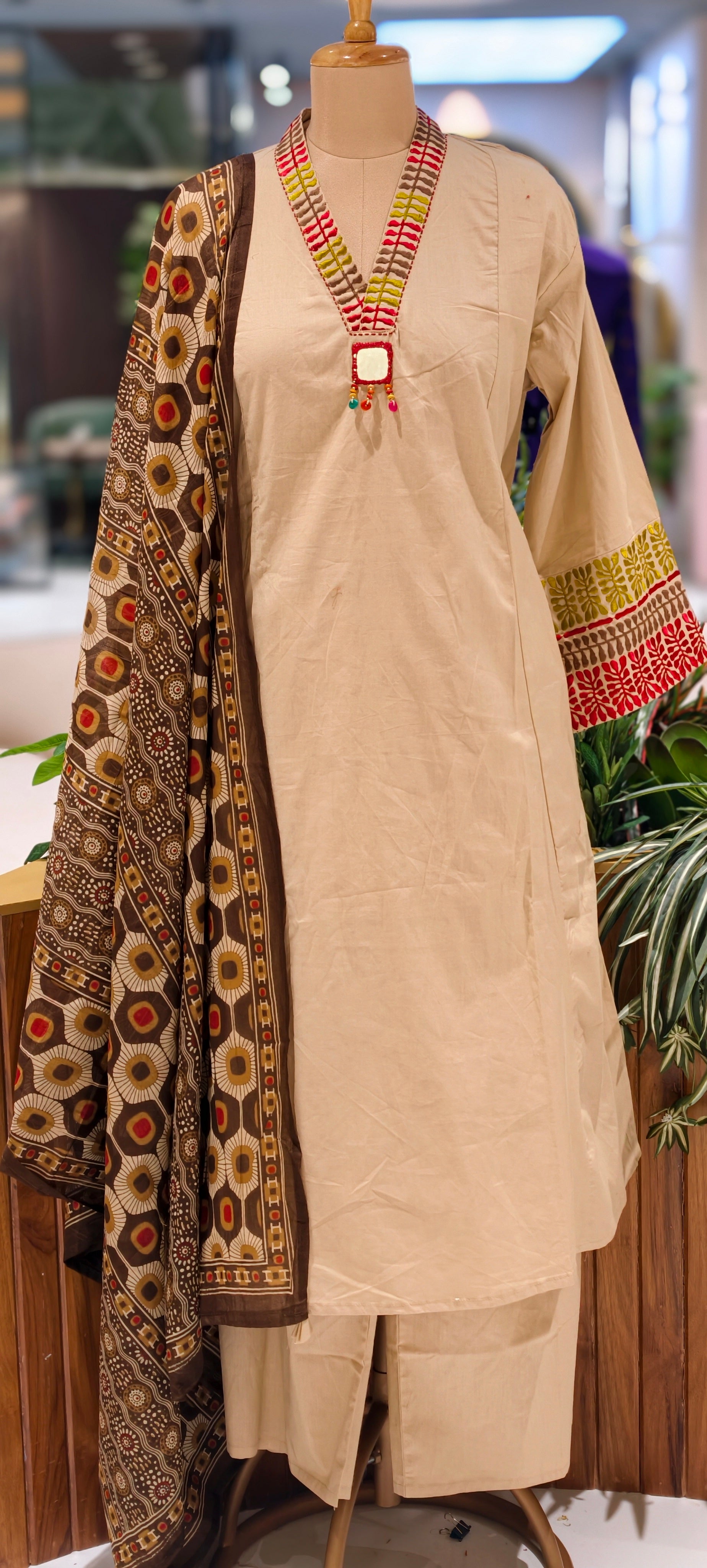 Premium Cotton Ethnic Suit Set with Ajrakh Printed Dupatta & Statement Neck Detailing 13915 RB38