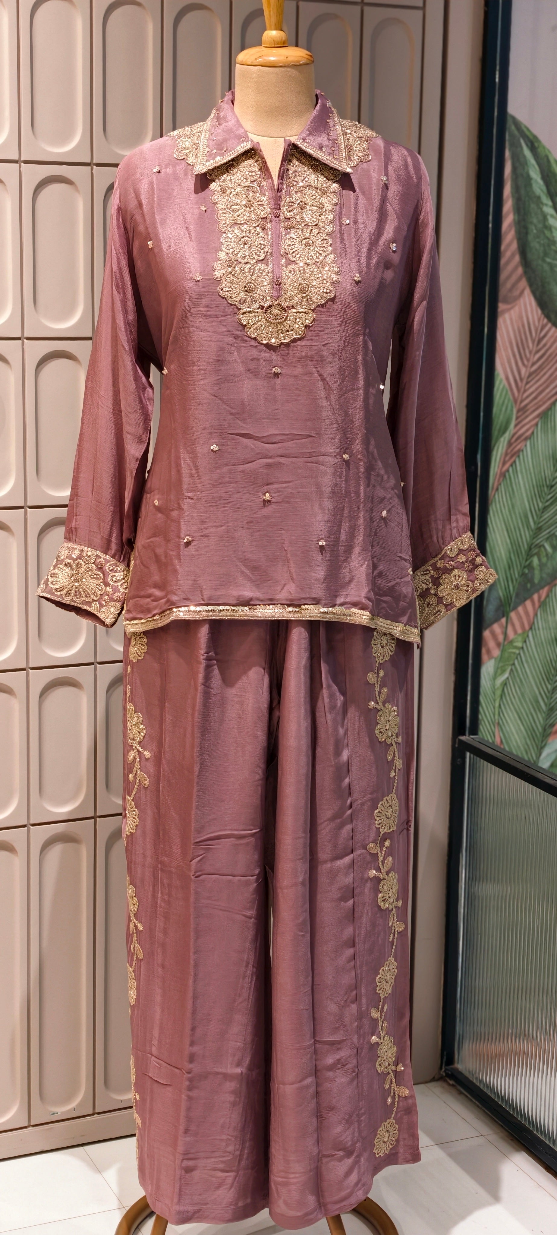 Designer Shirt Style Kurta Luxury Chinon Fabric Co-Ord Set with Intricate Embroidery 13996 RB07