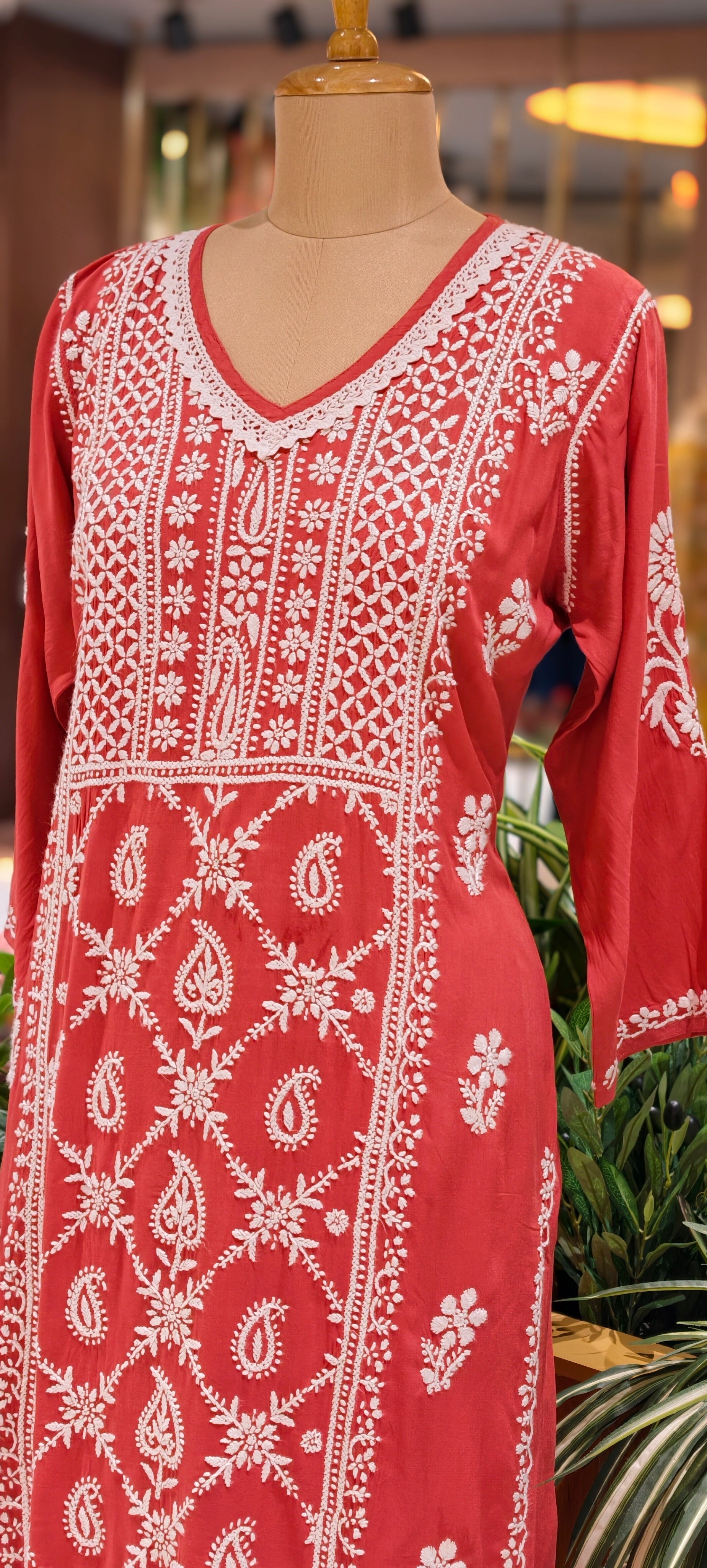 Beautiful Muslin Fabric without Lining Lucknowi style kurta pant set with Intricate White Thread Embroidery -13947