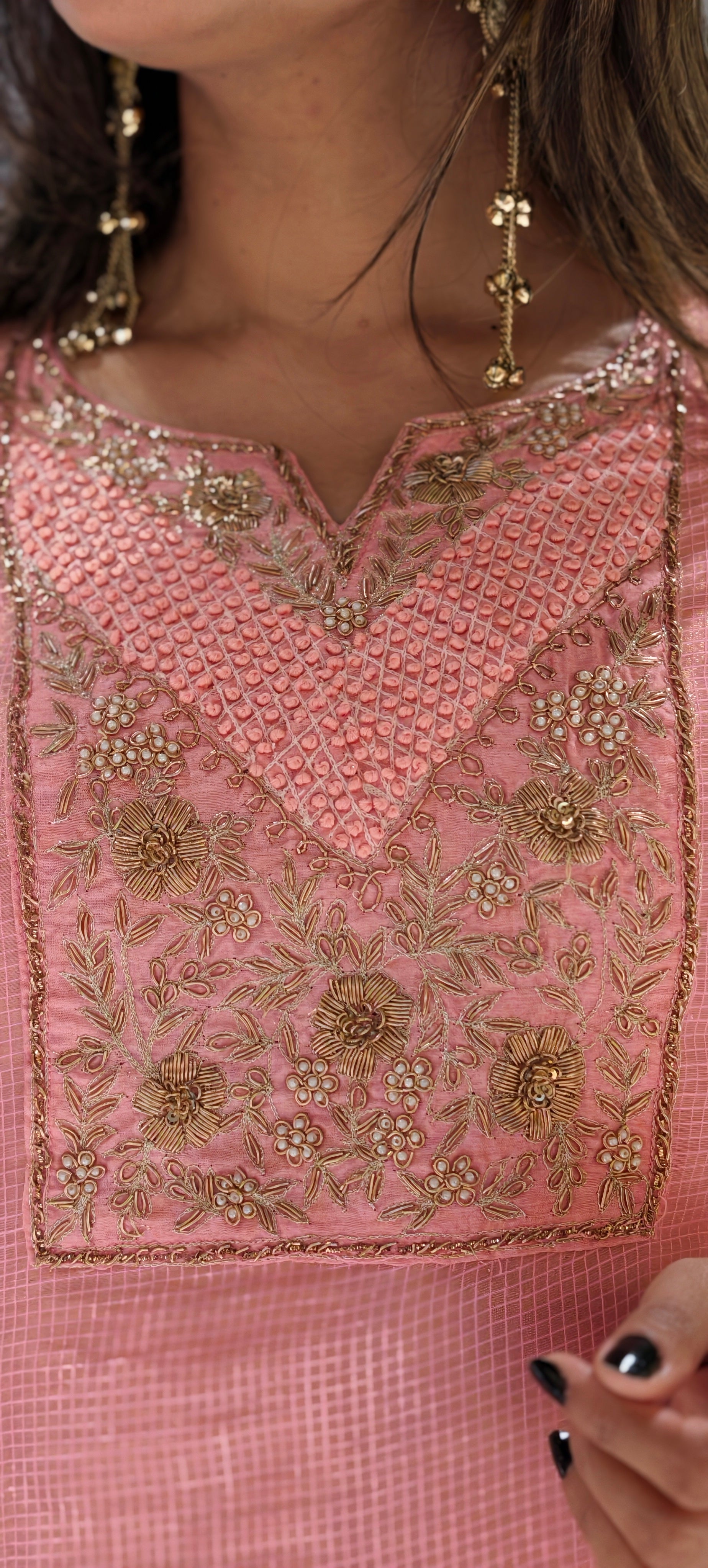 Blush Kota Tissue Checks Elegant Yoek Embroidery Staright Full Suit Set With Dupatta- 16244