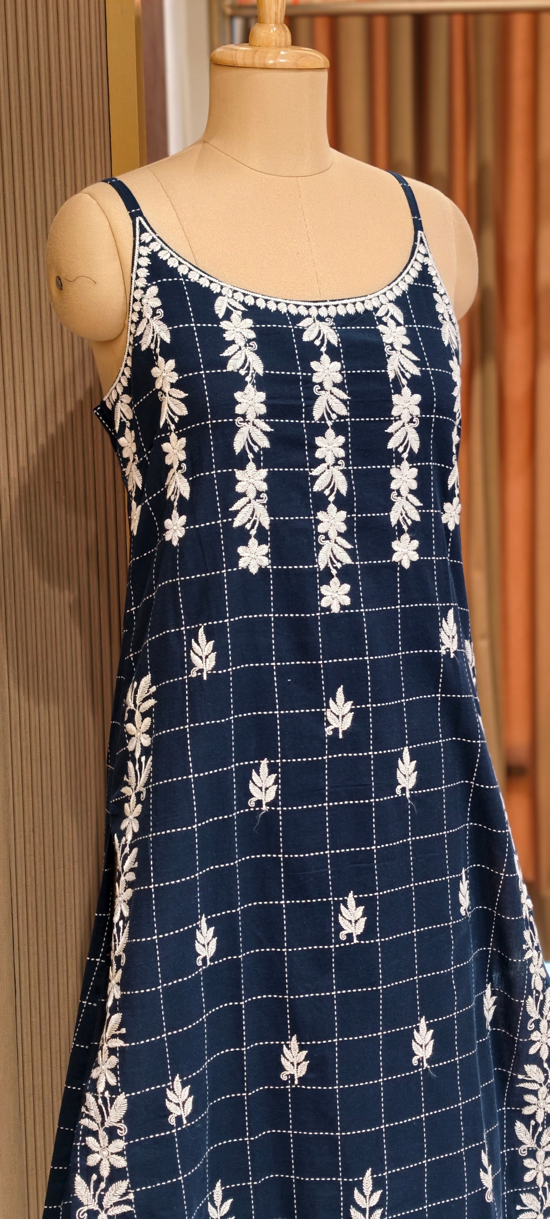 Checks Indigo Handloom Cotton Noodle Strap Kurta Set with Floral Buta Print Loose Pants-14189 RB172