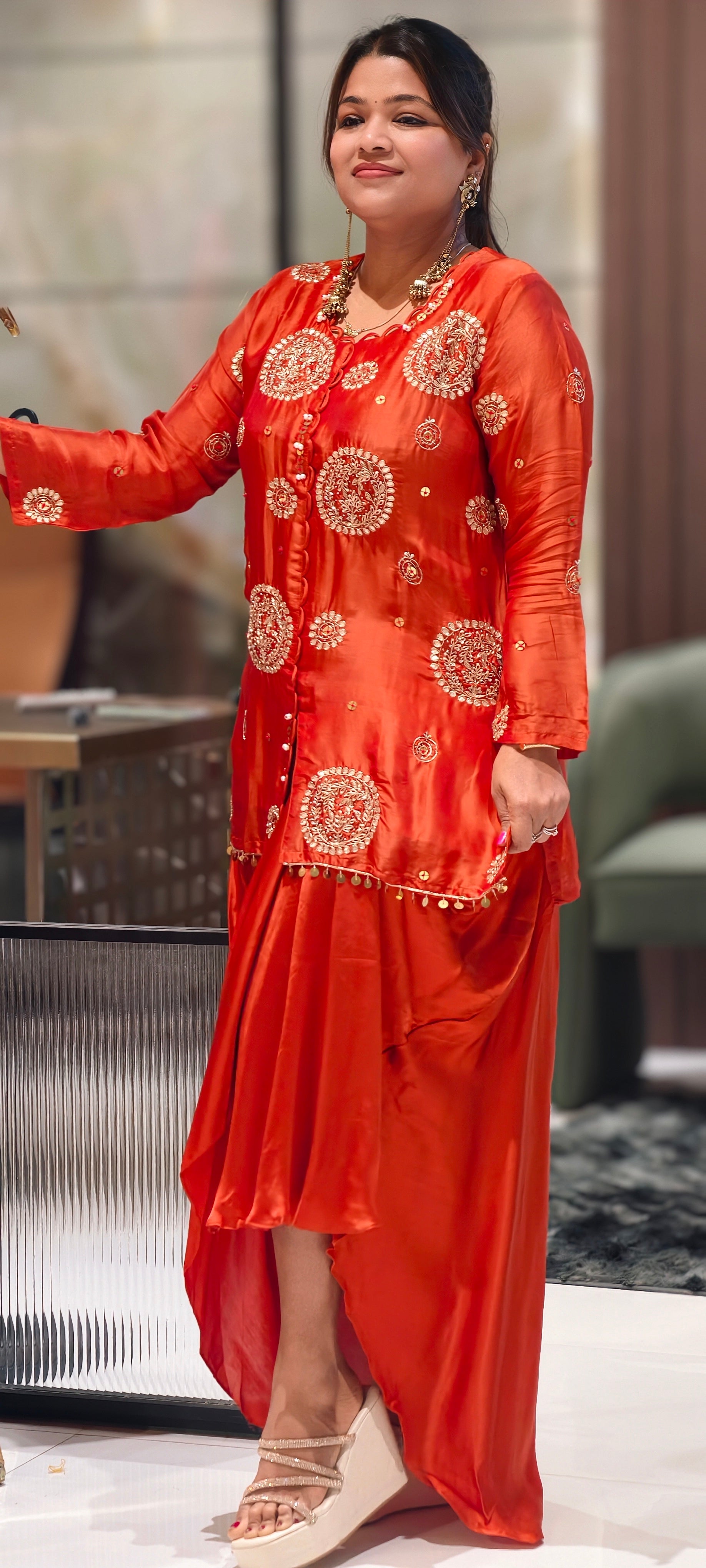 Heavy Handwork Premium Gotta With Sequin & Pearl Elegance Modal Satin Festive Co-Ord Set With Drape Skirt Bottom- 15854