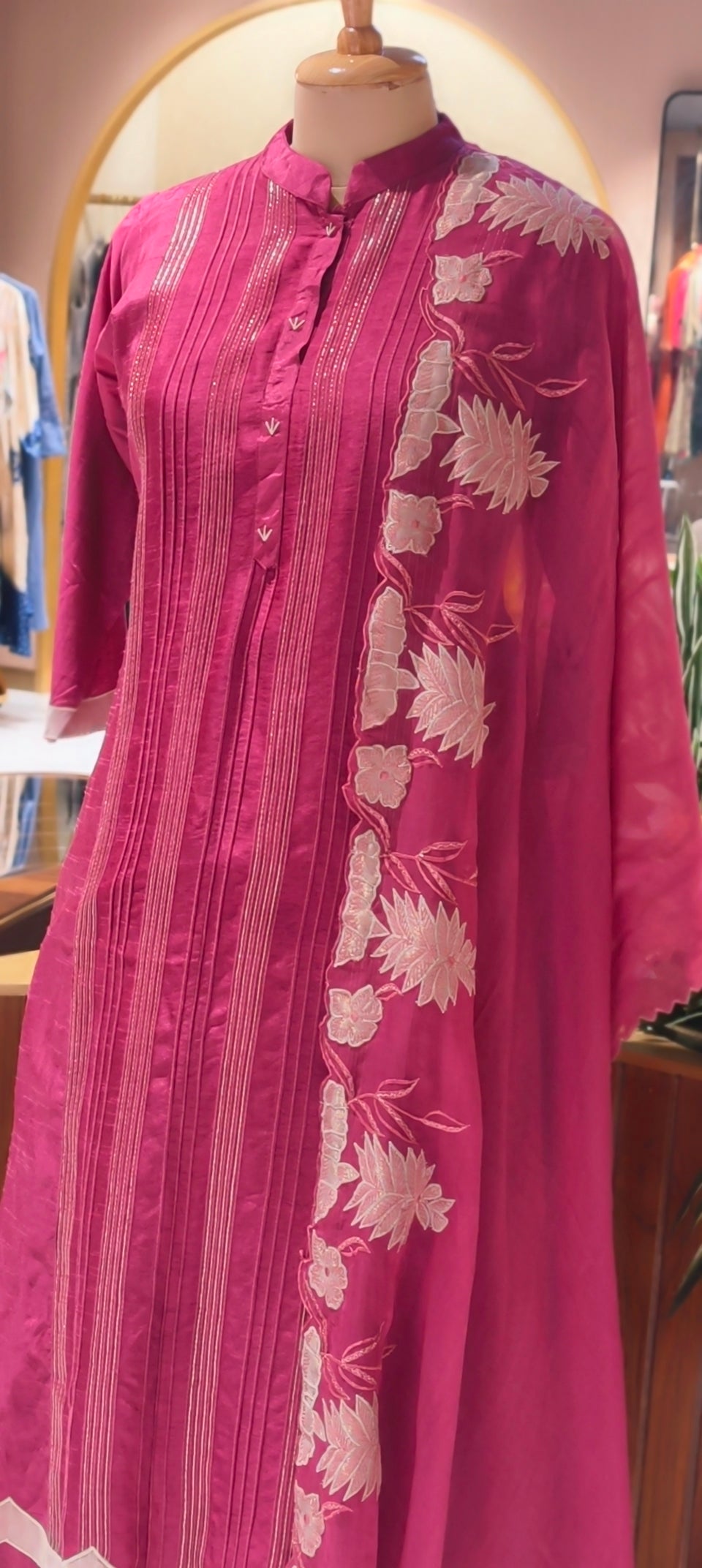 Elegant Silk Kurta full Set with Pintuck Detailing and Embroidered Sleeves with Organza Dupatta