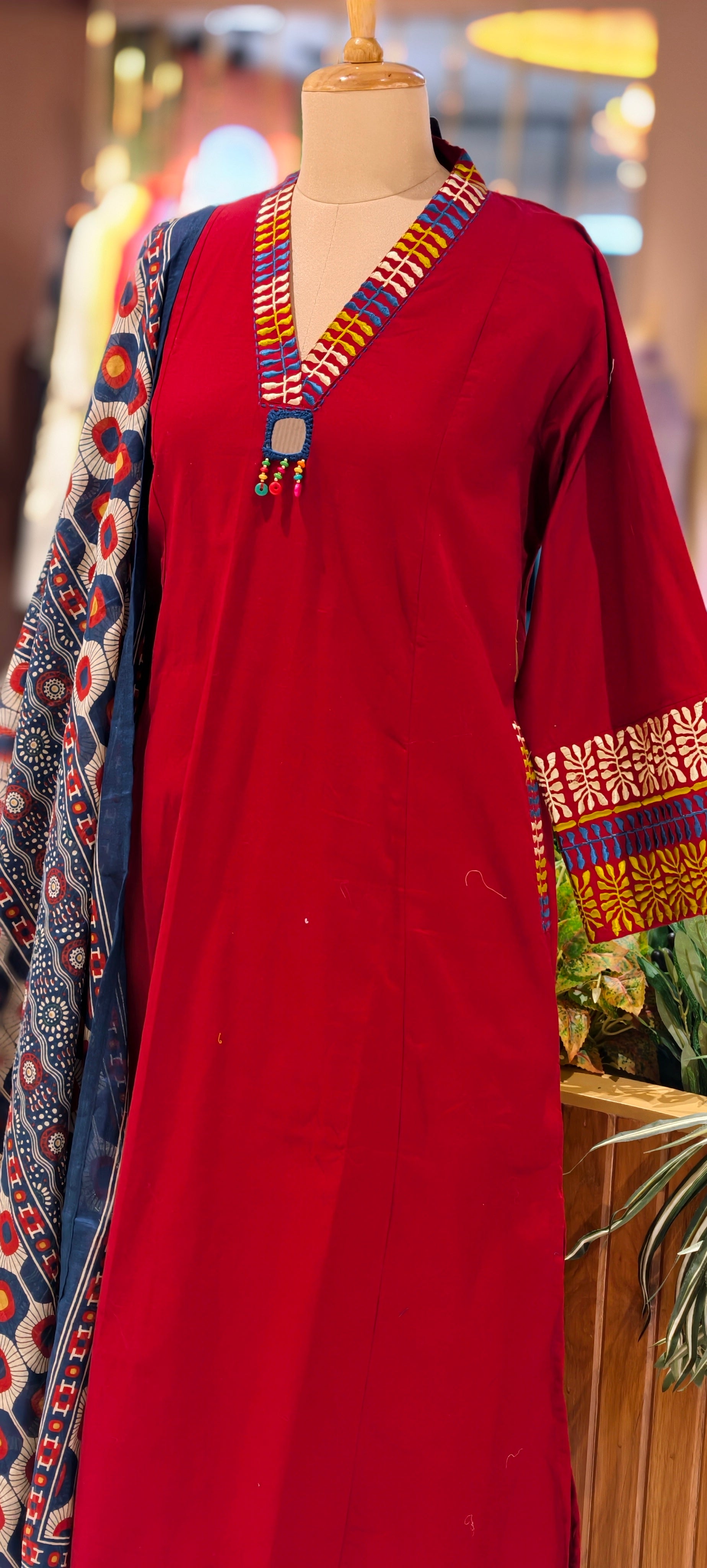 Premium Cotton Ethnic Suit Set with Ajrakh Printed Dupatta & Statement Neck Detailing 13915 RB38