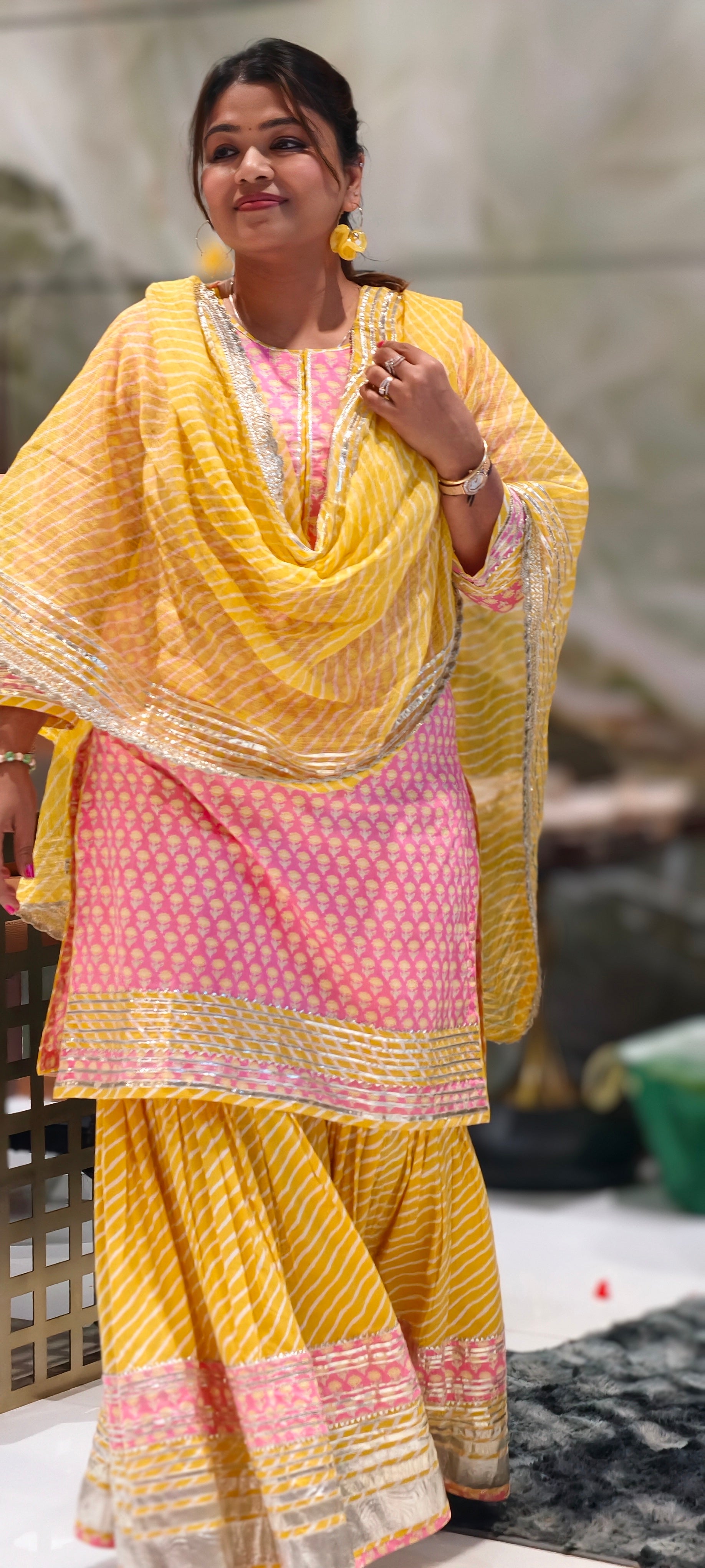 Pure Cottom Elegant Gotta Patti Work Floral Block Prints Ethnic Wear Full Suit Set With Dupatta & Heavy Sharara Bottom- 15837