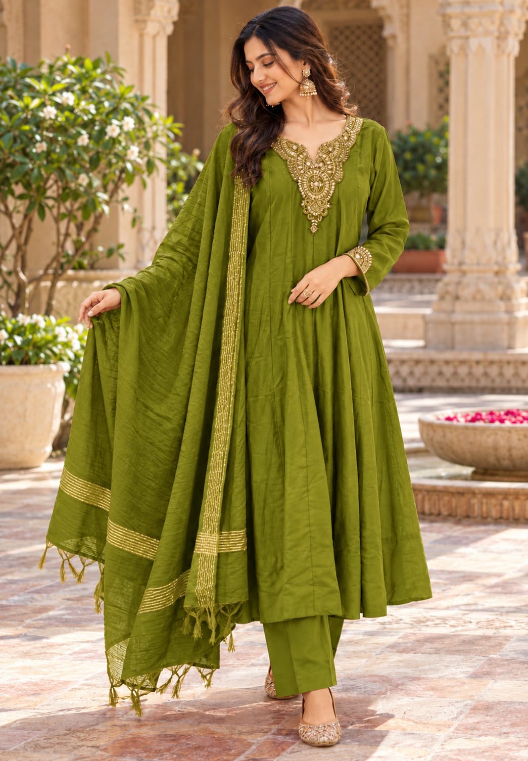 Elegant Noor Golden Embroidery Neckline Surat Mul-Chanderi Panel Anarkali Full Suit Set with Dupatta- 16920,16921