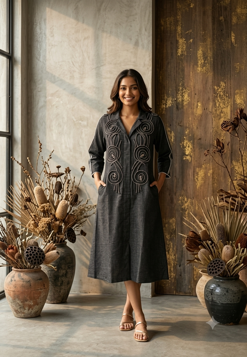 Dark Shade Longline Denim Shirt Dress with Statement Spiral Zipper Embellishments and Metallic Accents- 16112