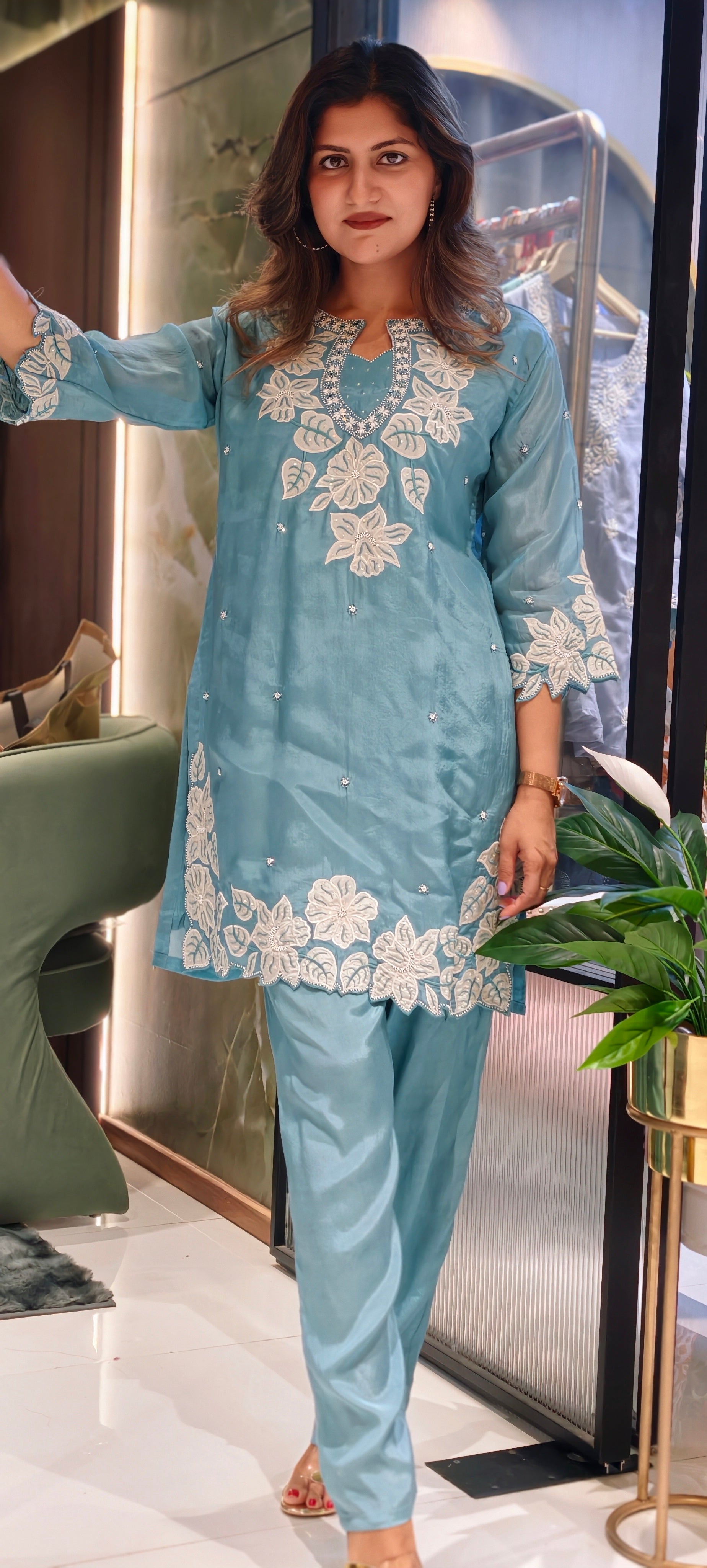 Ethereal Blooms: Hand-Embroidered Organza Silk Co-ord Set with Scalloped Lace Detailing13917