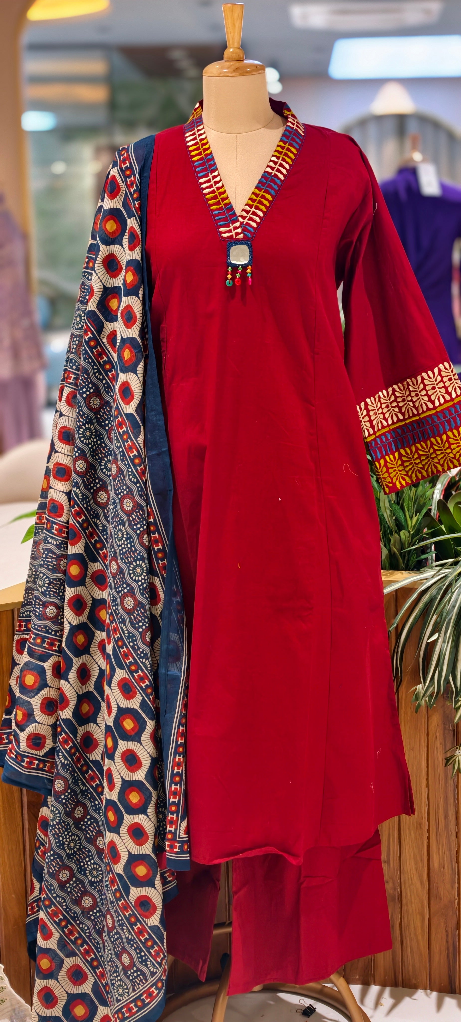 Premium Cotton Ethnic Suit Set with Ajrakh Printed Dupatta & Statement Neck Detailing 13915 RB38