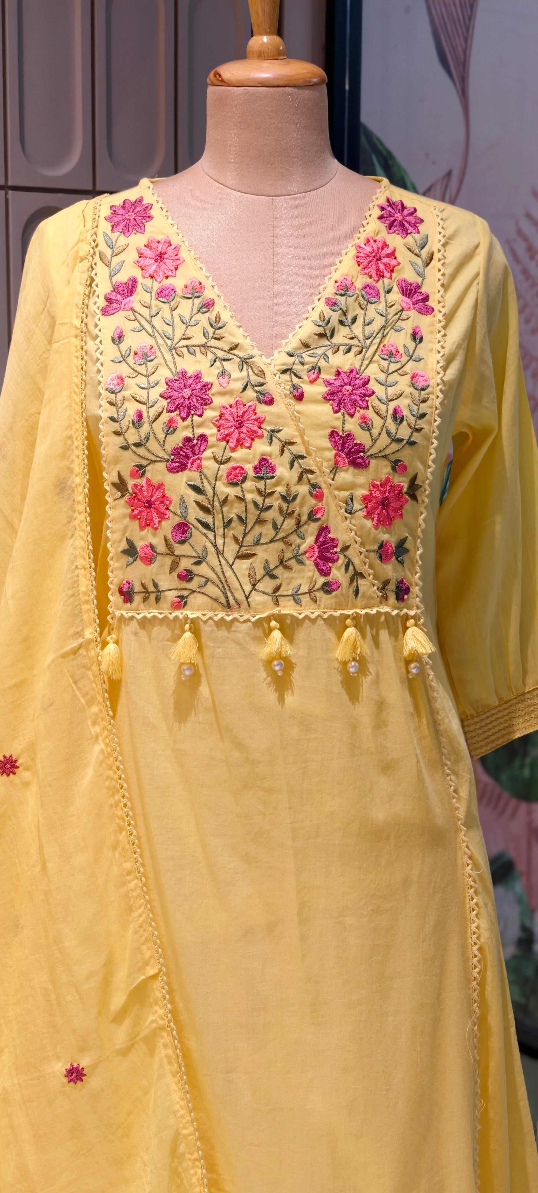 Mul Cotton A-Line Kurta Sets with Embroidered Yoke, Straight Pants and Dupatta-13881