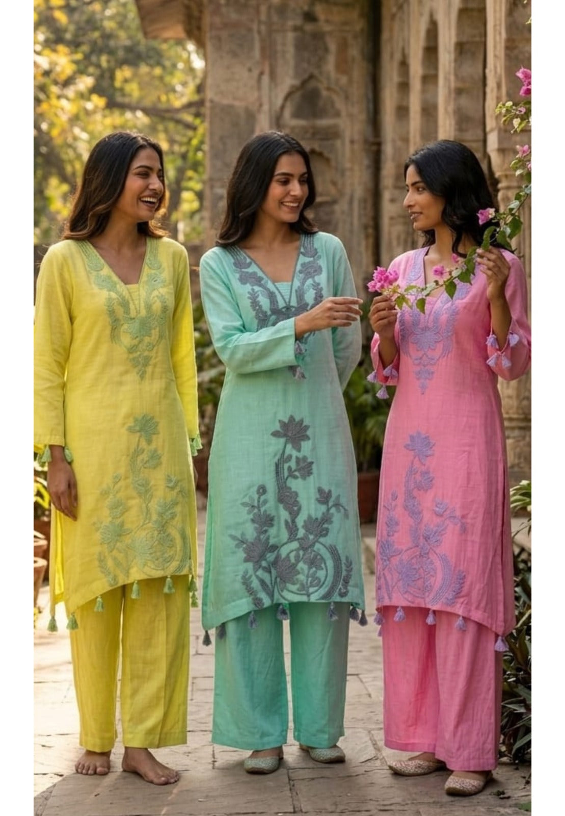 Premium Thread Embroidery Elegant High Low Tassel Accent Kurta Pant Set- 14404