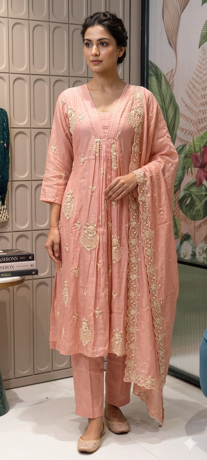 Graceful Mulchanderi Floral Embroidered Full Set Set with Delicate Hand Embellishments-13857