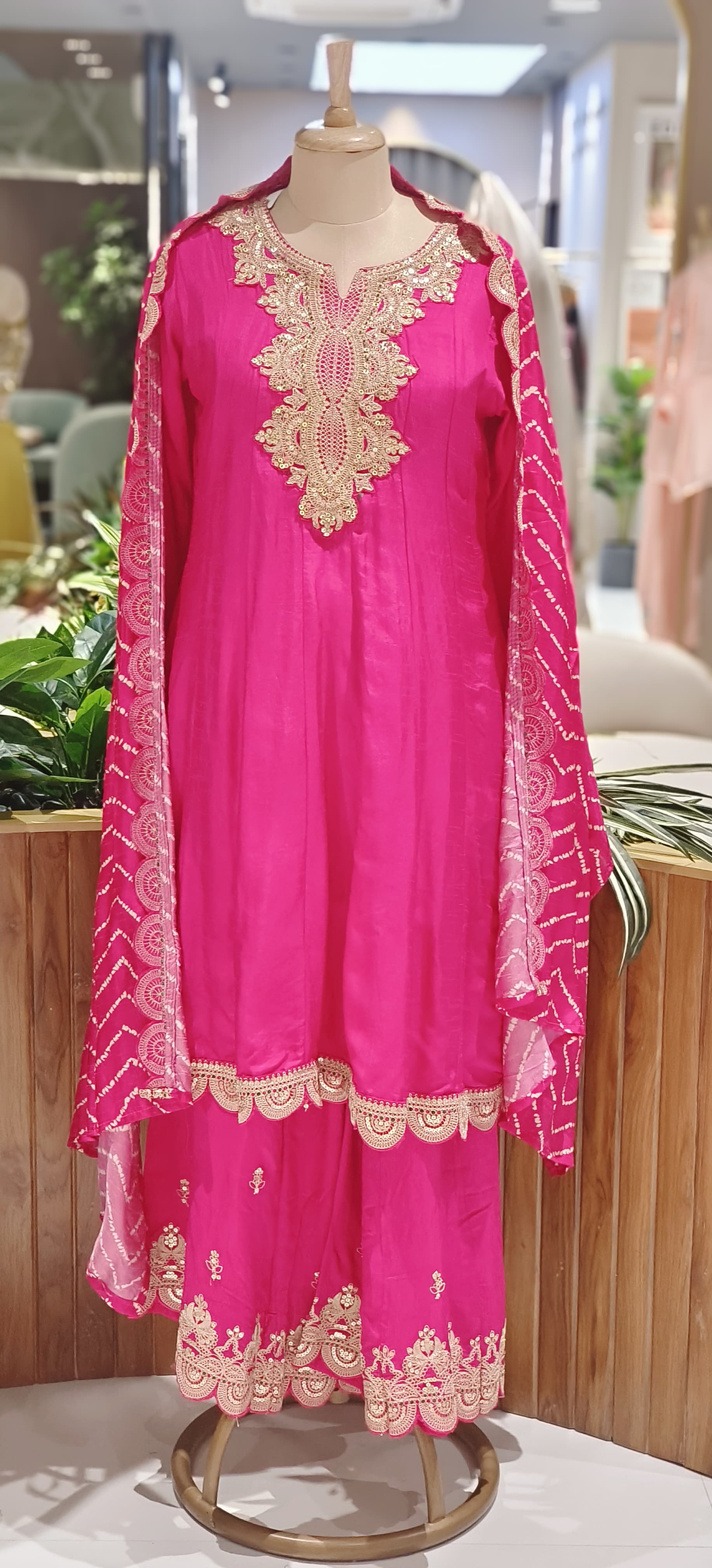 Luxury Dola Silk Peplum Style Suit Set With Intricate Golden Thread Embroidery & Scallop Dupatta-12579,12578