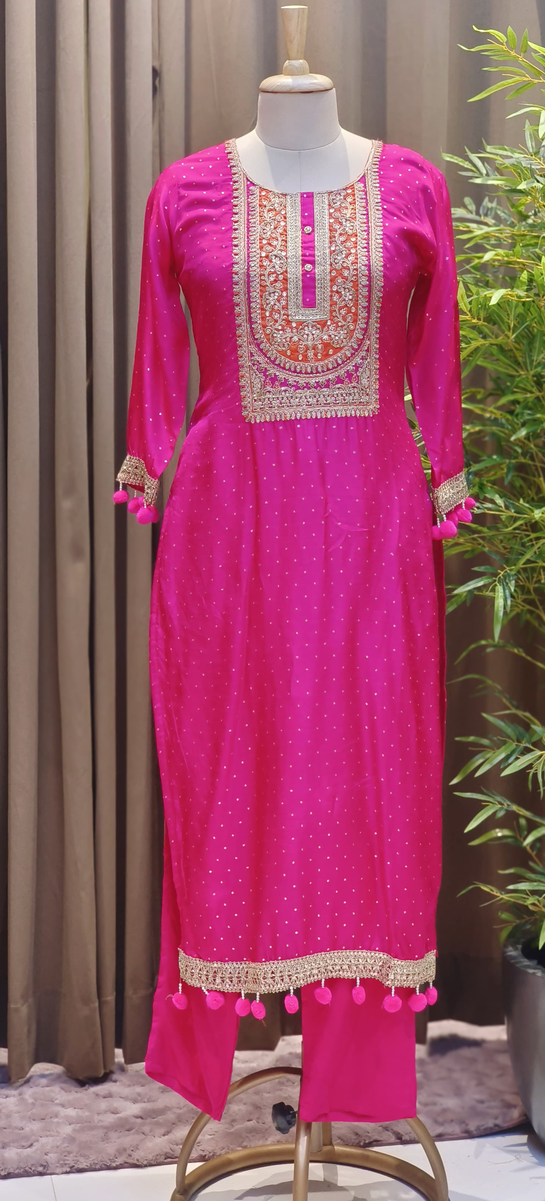 Dola Silk Embroidered Kurta Set with Heavy Zari & Thread Work Yoke, Matching Pants, and Pom-Pom Detailed Dupatta-12706,12705