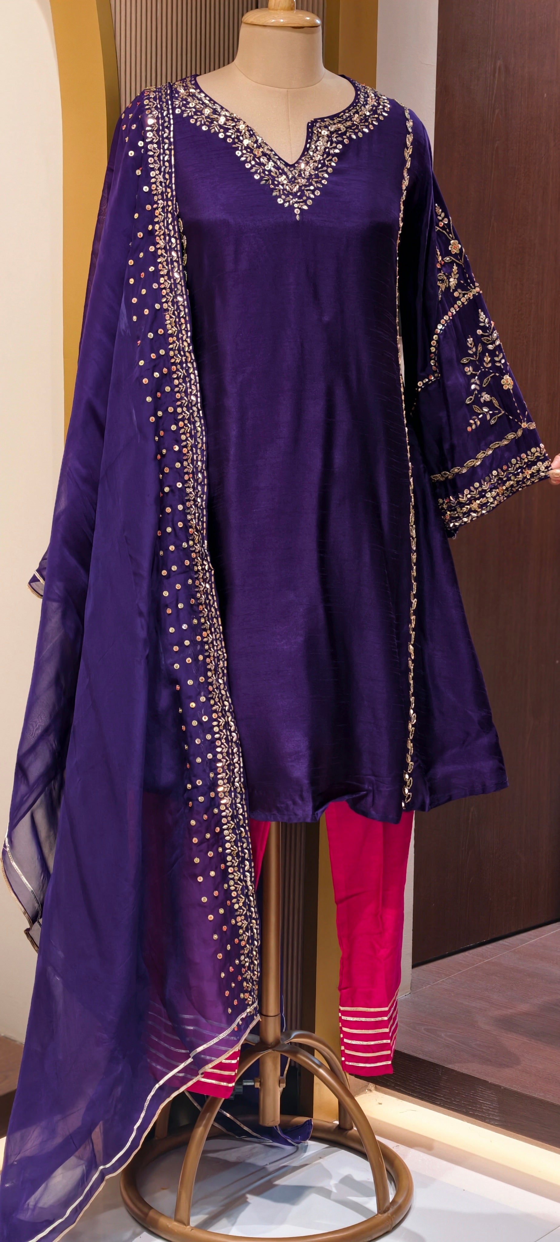 Tiny Sequin Detailing Hand Worked Contrast Mix Vibrant A-Line Full Suit Set With Dupatta In Russian Silk Fabric- 13808