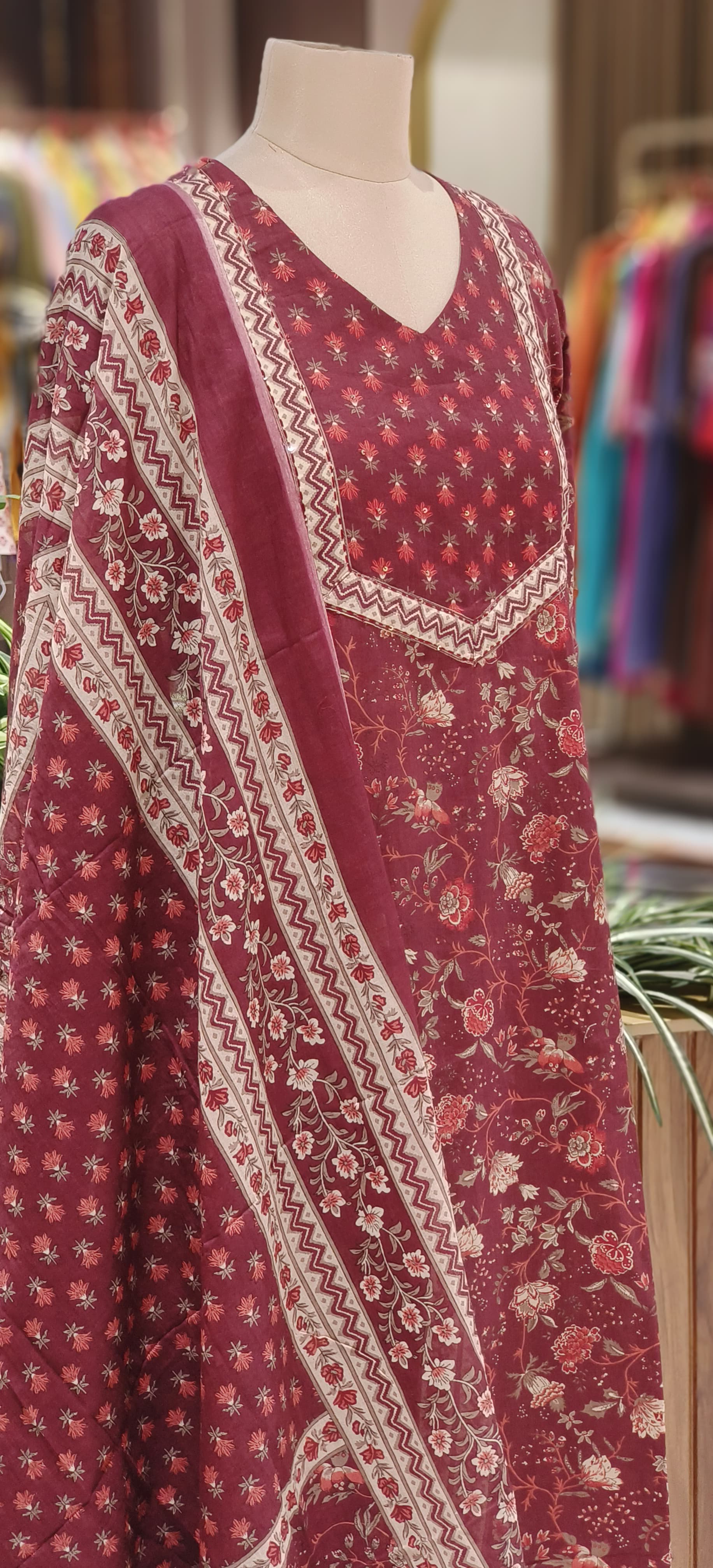 Wine Floral Printed Pure Cotton Kurta Set with Contrast Yoke Detailing & Matching Dupatta