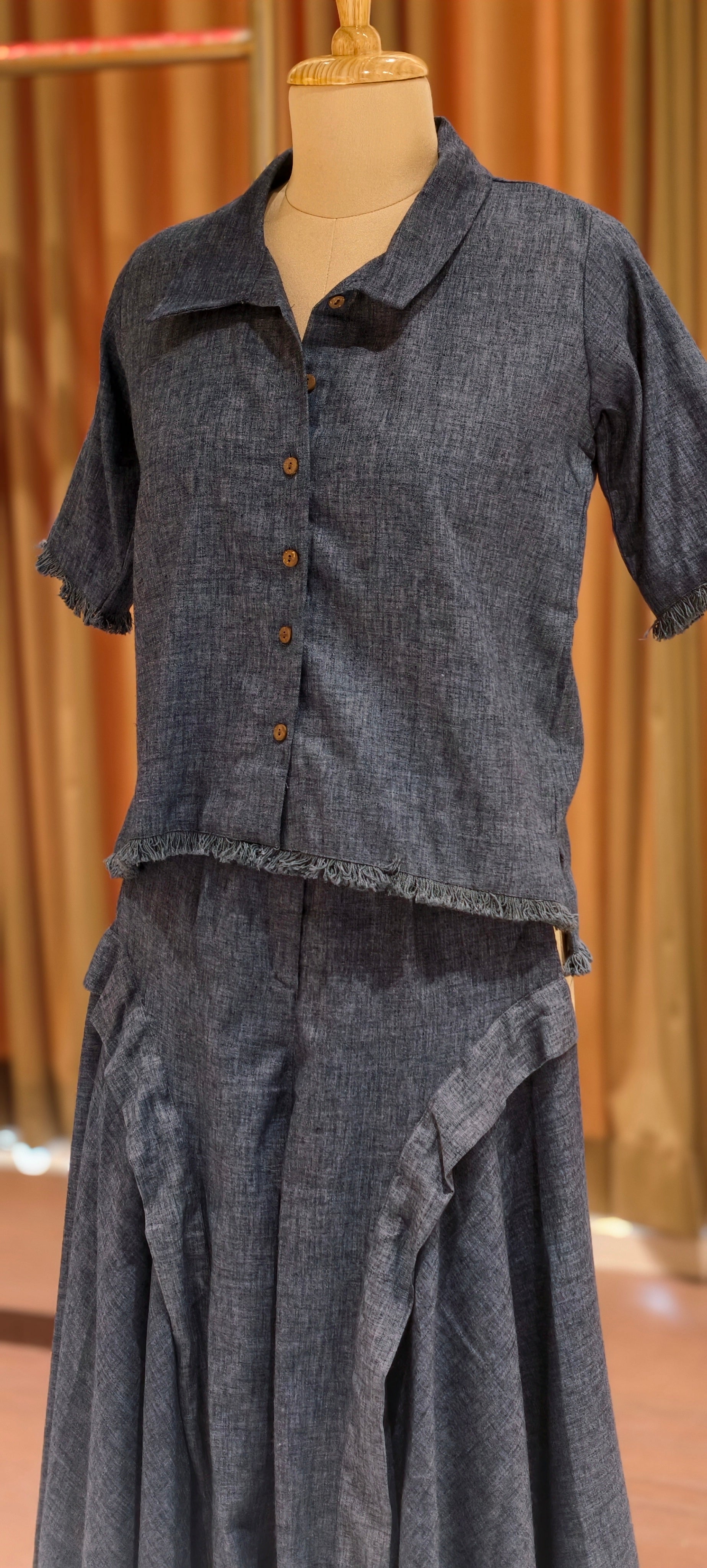 Handloom Cotton Shirt Co-Ord Set with With Short Top & Statement Flared Bottom Pants-14192 RB177