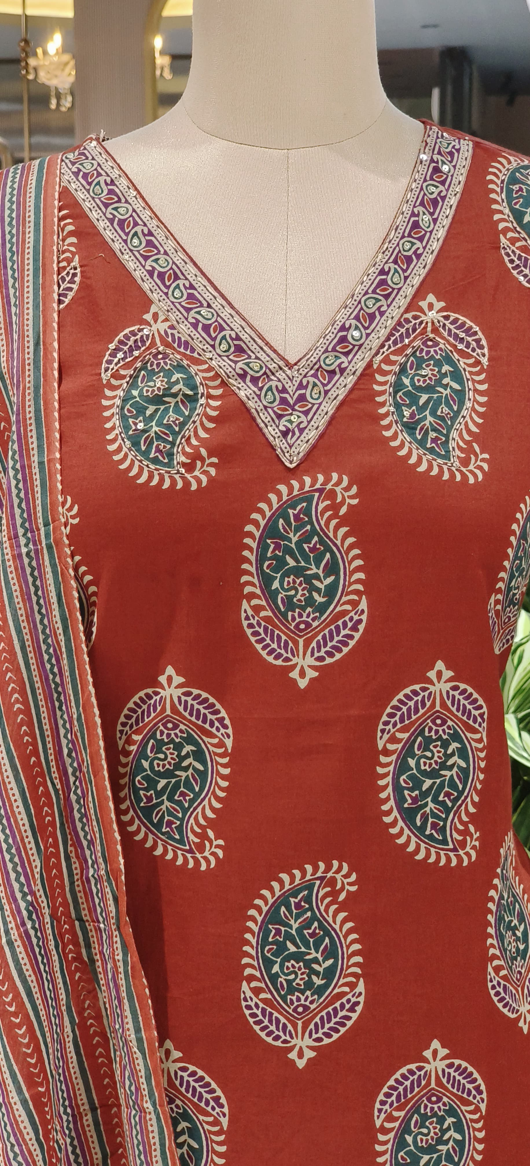 Handblock Printed Pure Cotton Straight Kurta Set with Paisley Motifs, Pants & Matching Dupatta