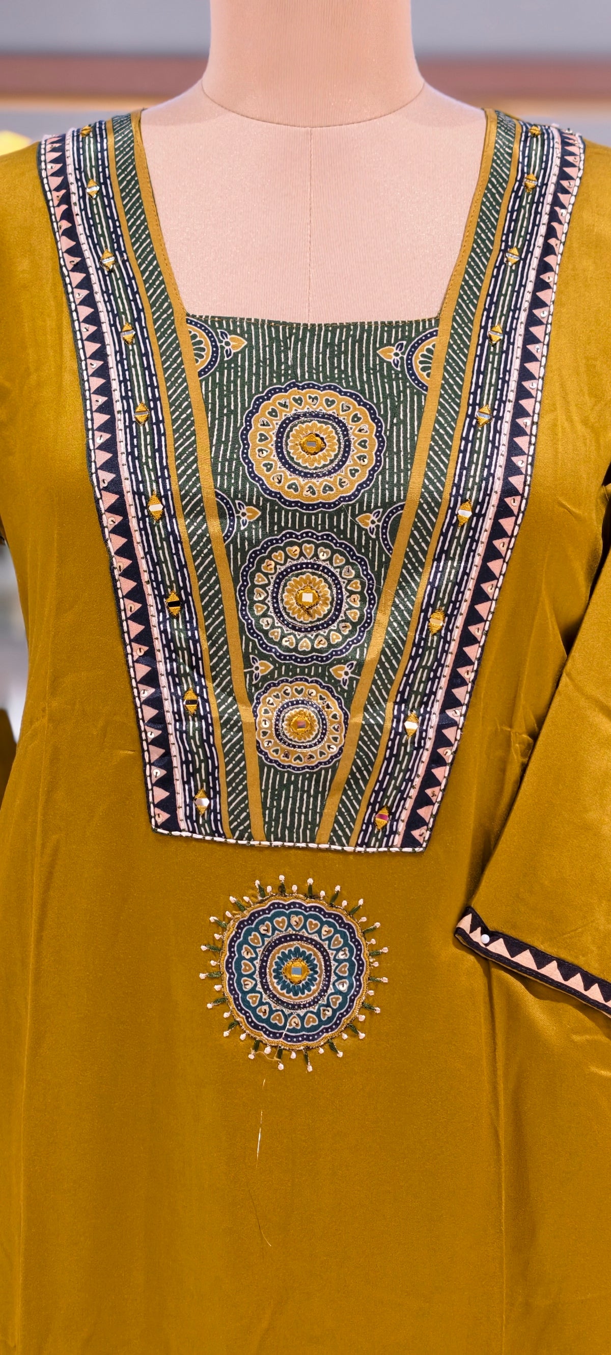 Trible Print Cotton Silk Embroidered Patch Yoke Full Suit with Pockets And Contrast Printed Muslin Dupatta 16808