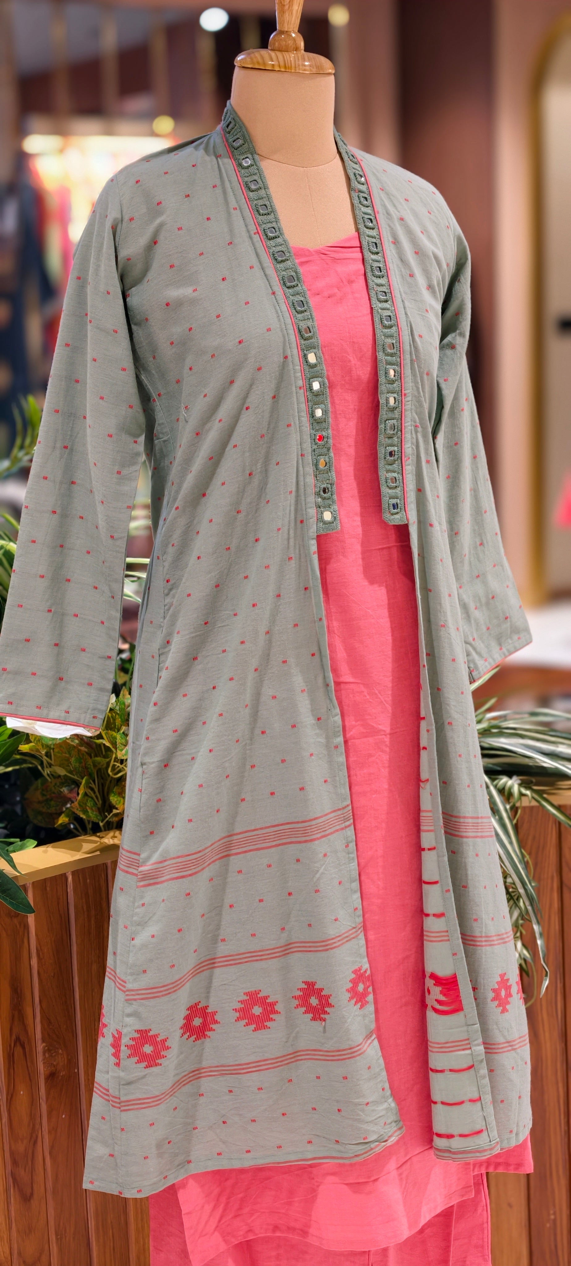 Elegant 3-Piece Layered Kurta Set with Inner, Pants & Embellished Shrug In Cotton Fabric-14193 RB178