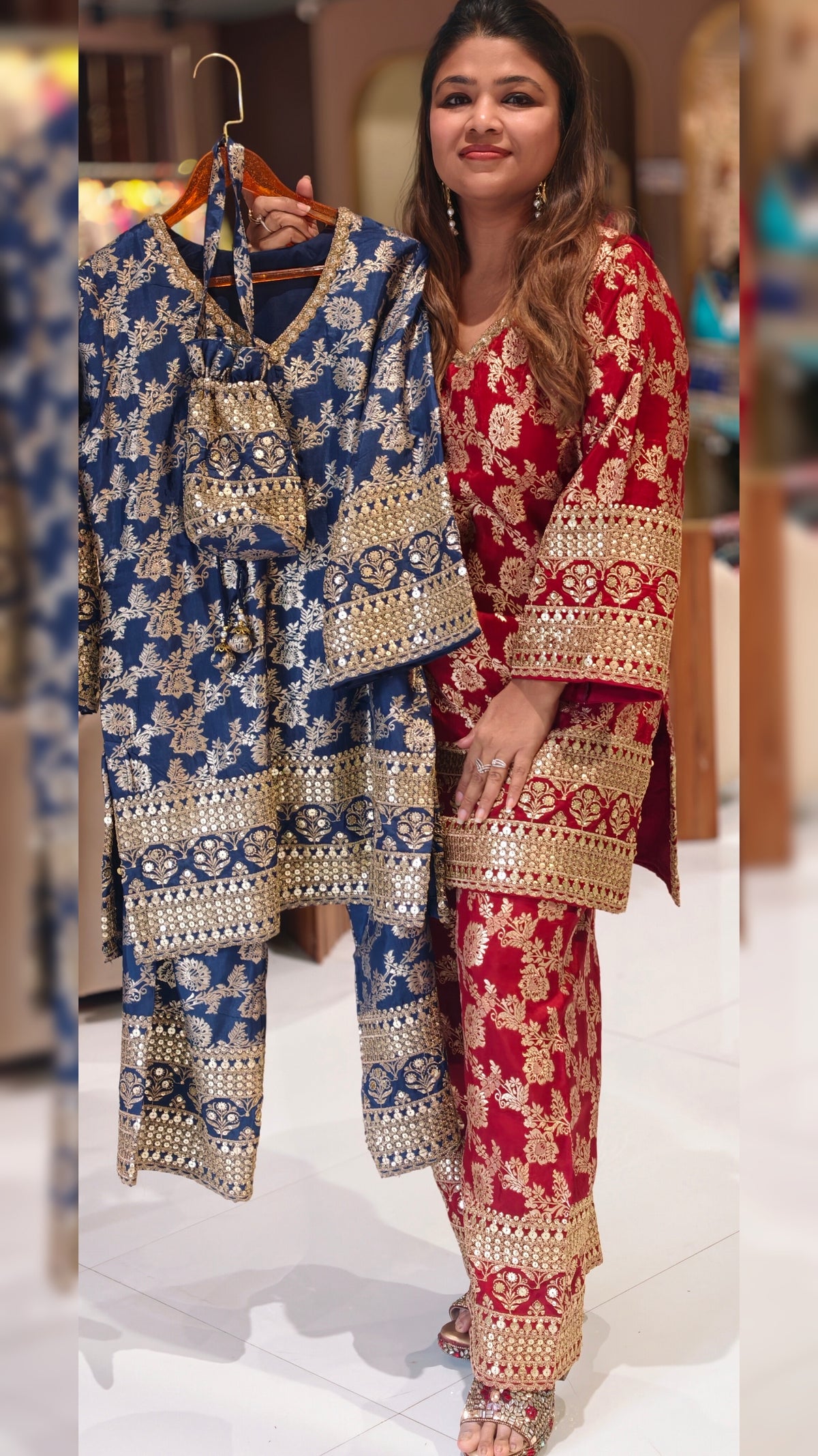 Royal Gold Foil Floral Printed Brocade Kurta Set with Heavily Embroidered Borders, Wide-Leg Palazzo Pants & Matching Potli Bag- 16868