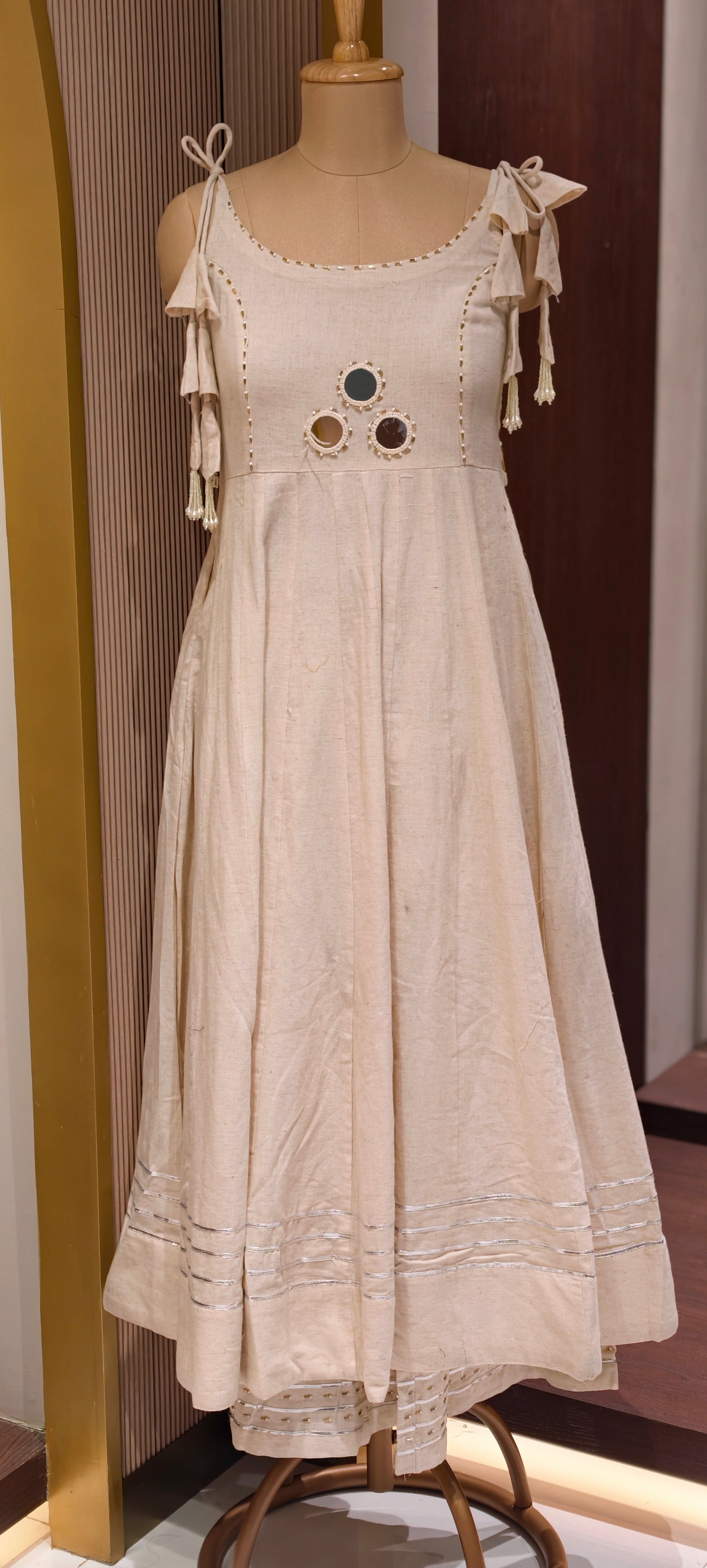 Elegant Handloom Cotton Noodle Strap Kurta Set with Mirror Detailing With Loose Pants-14185 RB170