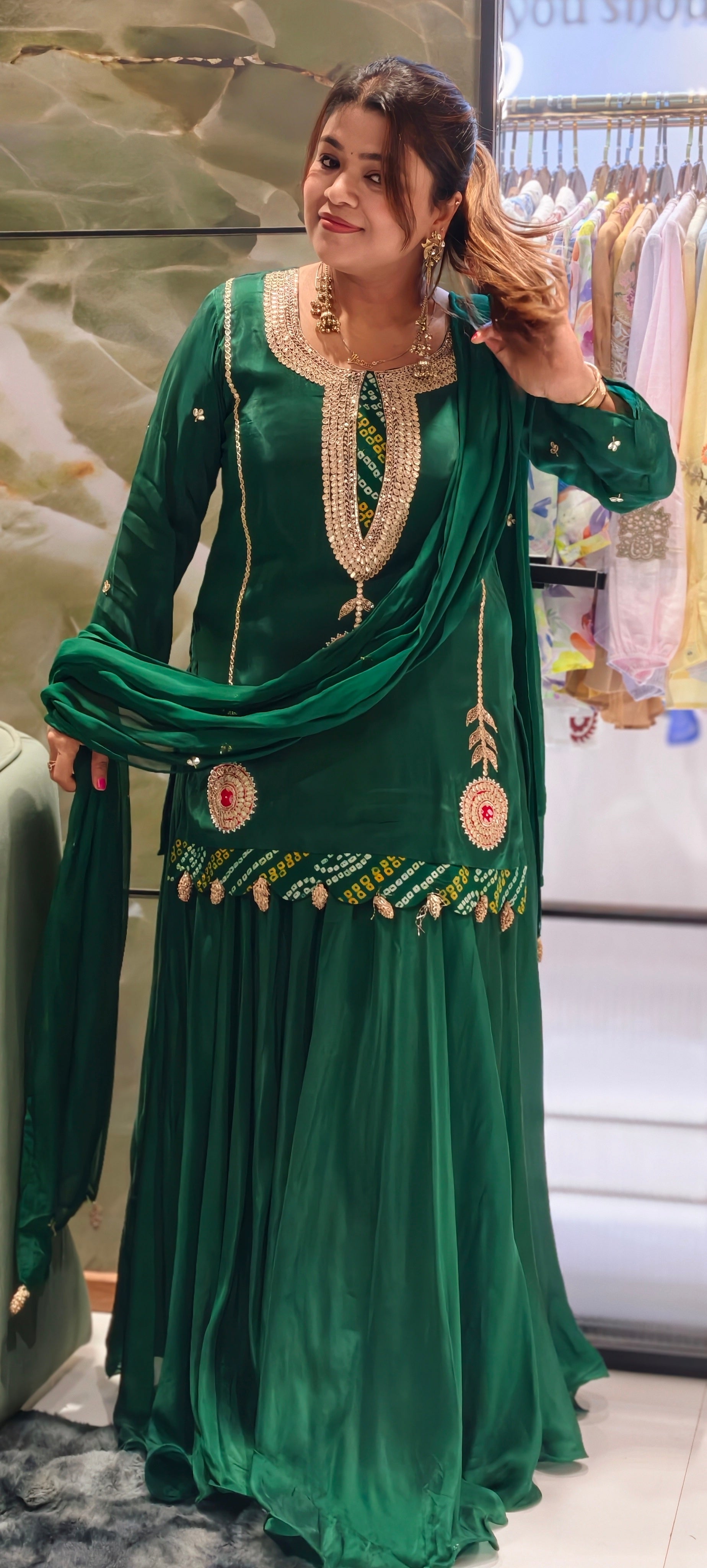 Bandhej Highlights Elegant Gotta Detailing Crepe Full Suit Set With Flared Skirt Bottom & Dupatta- 15852