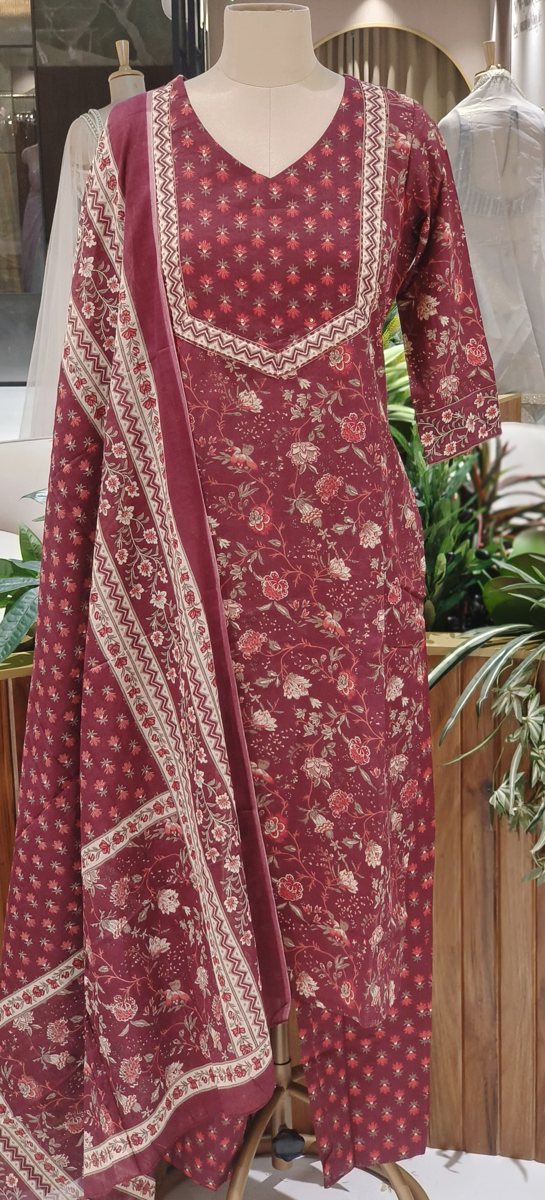 Wine Floral Printed Pure Cotton Kurta Set with Contrast Yoke Detailing & Matching Dupatta