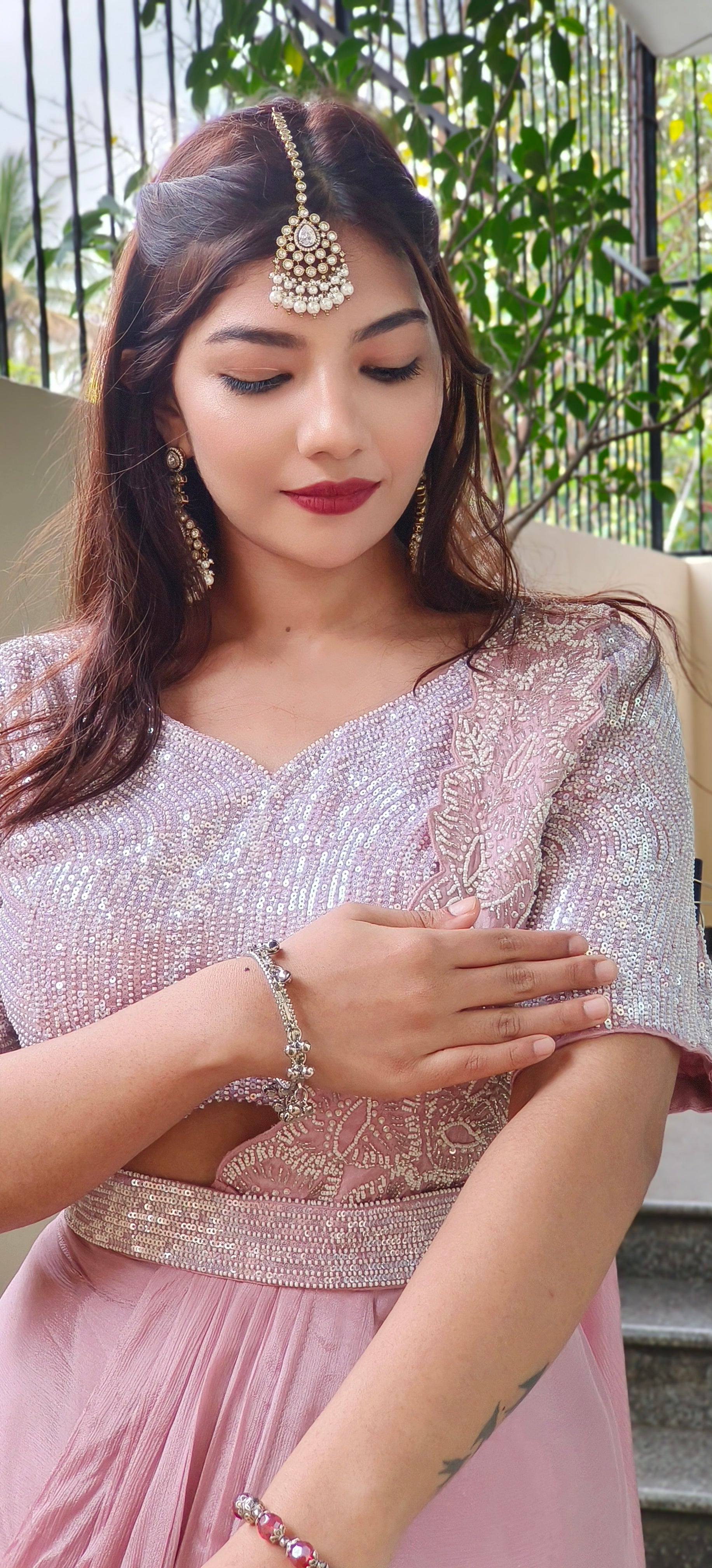 Designer Pearl Heavy Drape Saree in Chinon Fabric with Stiched Padded Blouse and Belt 09092