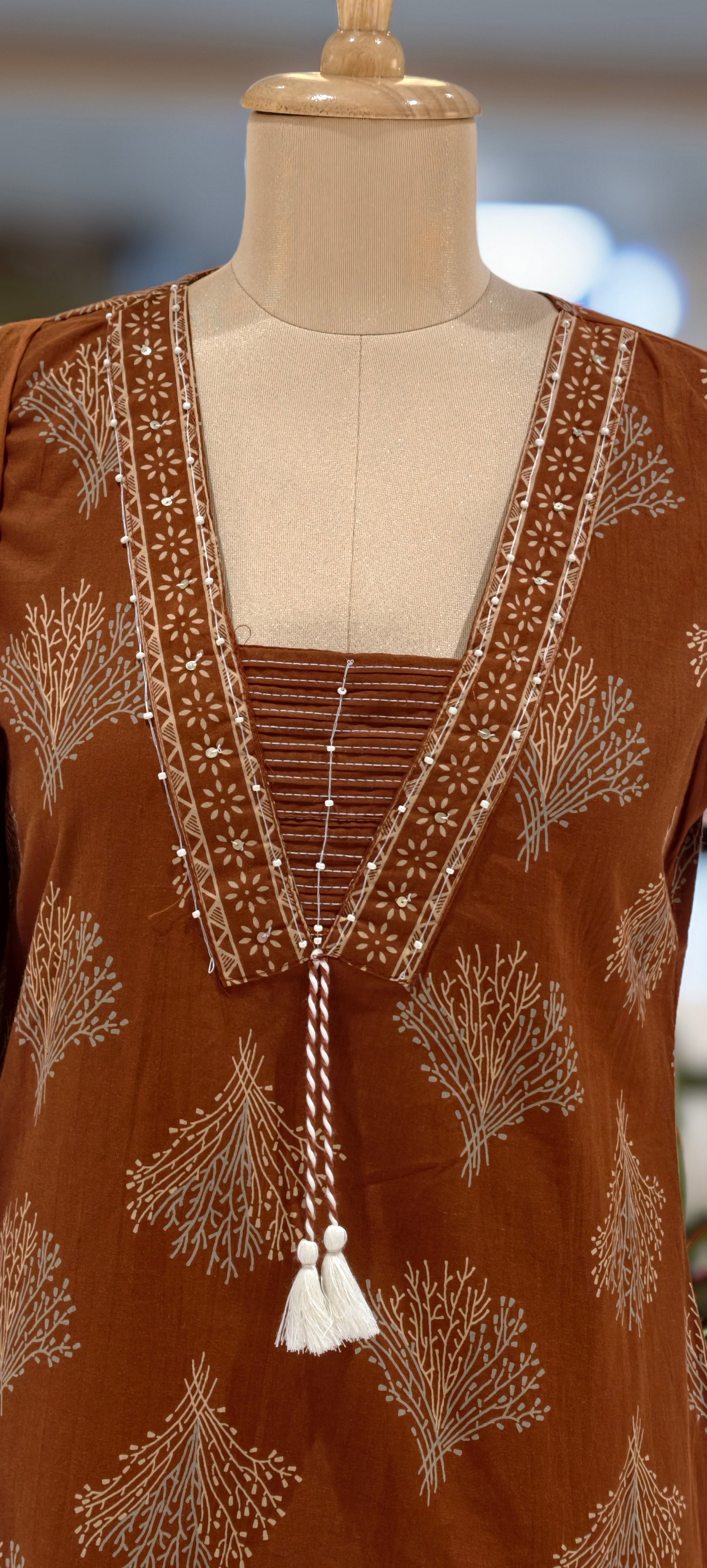 Cotton Elegant Hand block Print Kurta Set with Intricate Border Detailing & Tassel Tie-Up Neck Full Suit Set