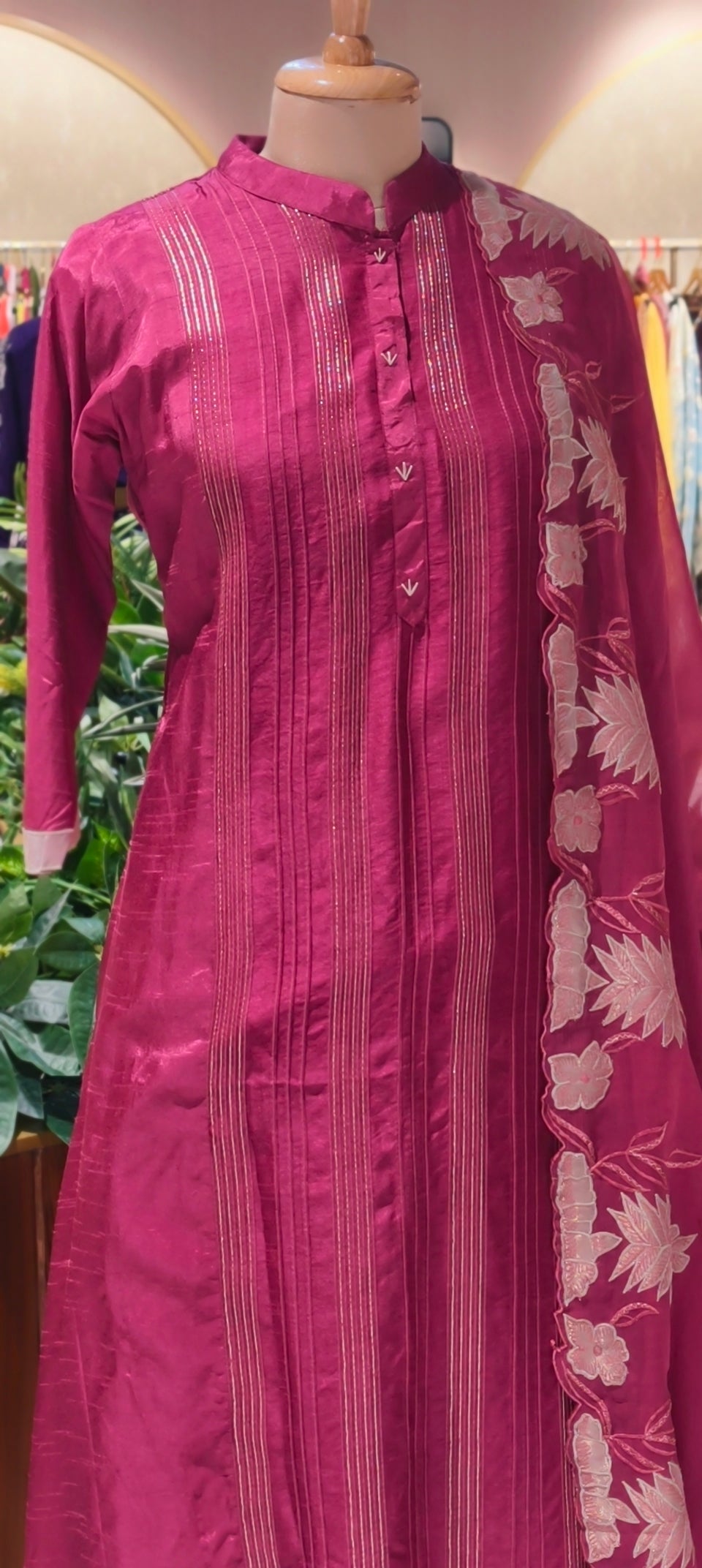 Elegant Silk Kurta full Set with Pintuck Detailing and Embroidered Sleeves with Organza Dupatta
