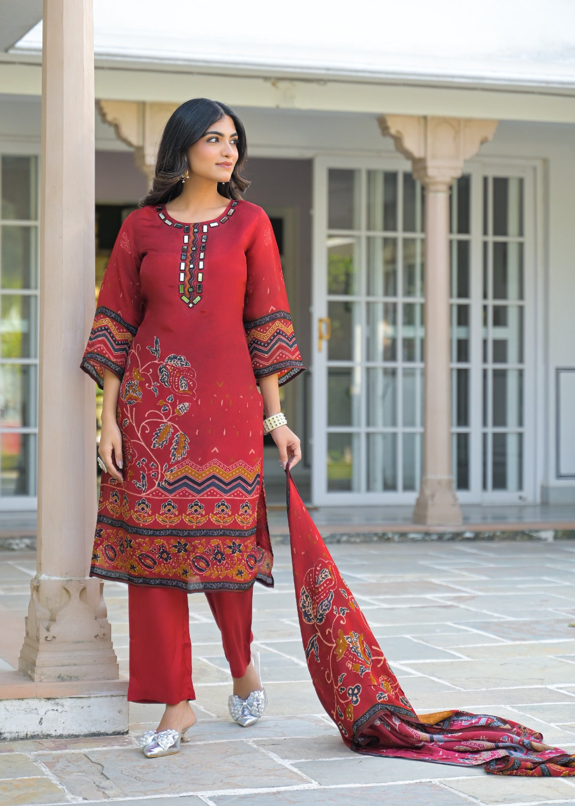 Premium Crepe Printed Suit Set With Real Mirror-Work Neckline, Designer Sleeves & Matching Dupatta-12810,12808