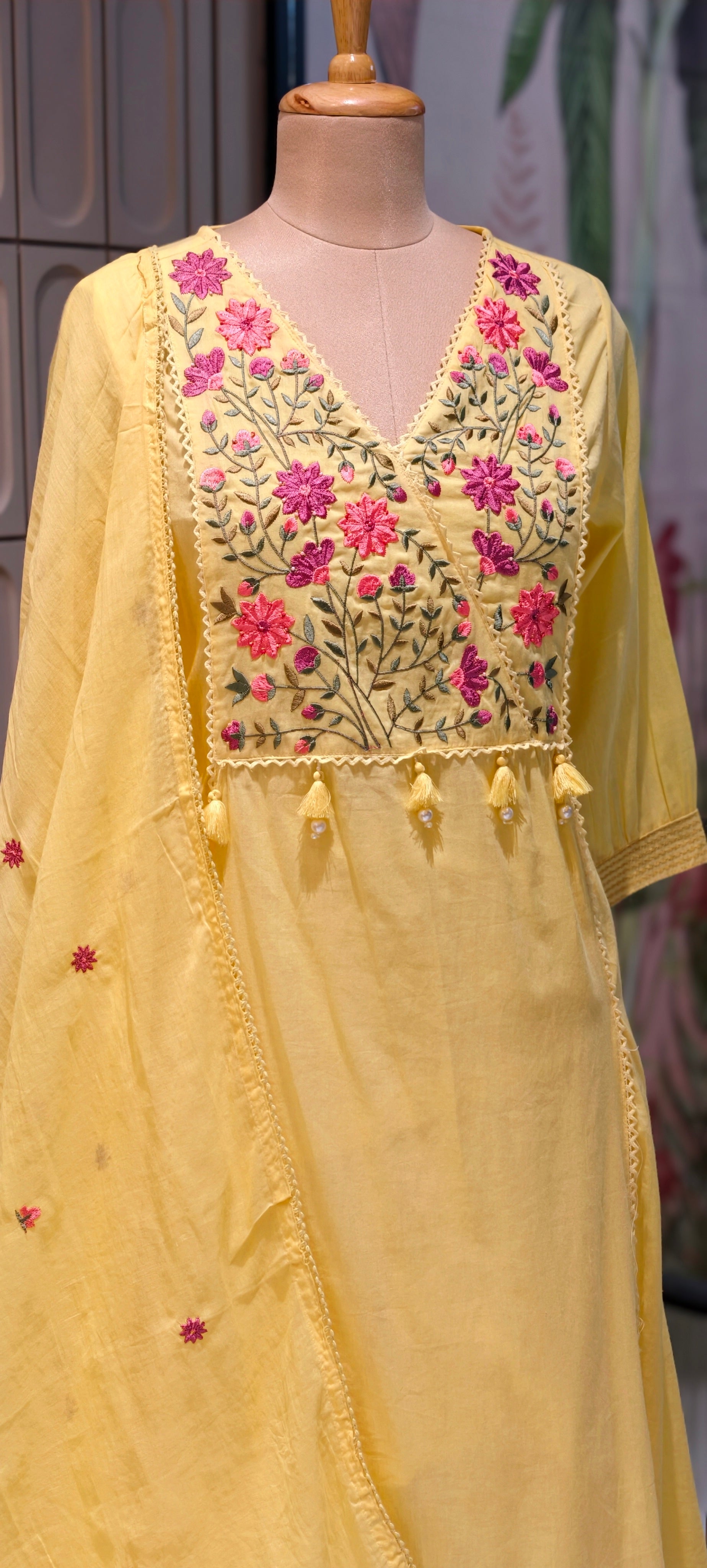 Mul Cotton A-Line Kurta Sets with Embroidered Yoke, Straight Pants and Dupatta-13881