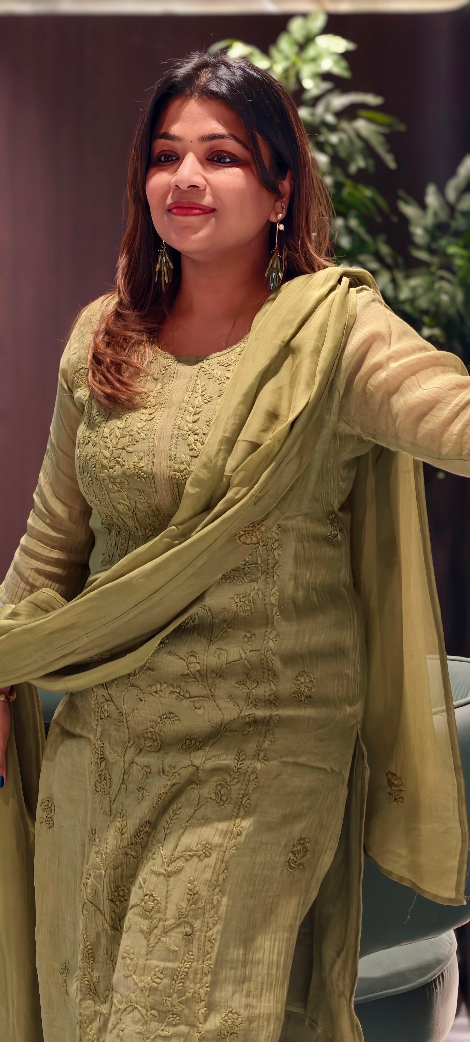 Premium Crush Mul Chanderi Fabric Straight Cut Full Suit Set with Intricate Self Thread Embroidery 14084 RB96