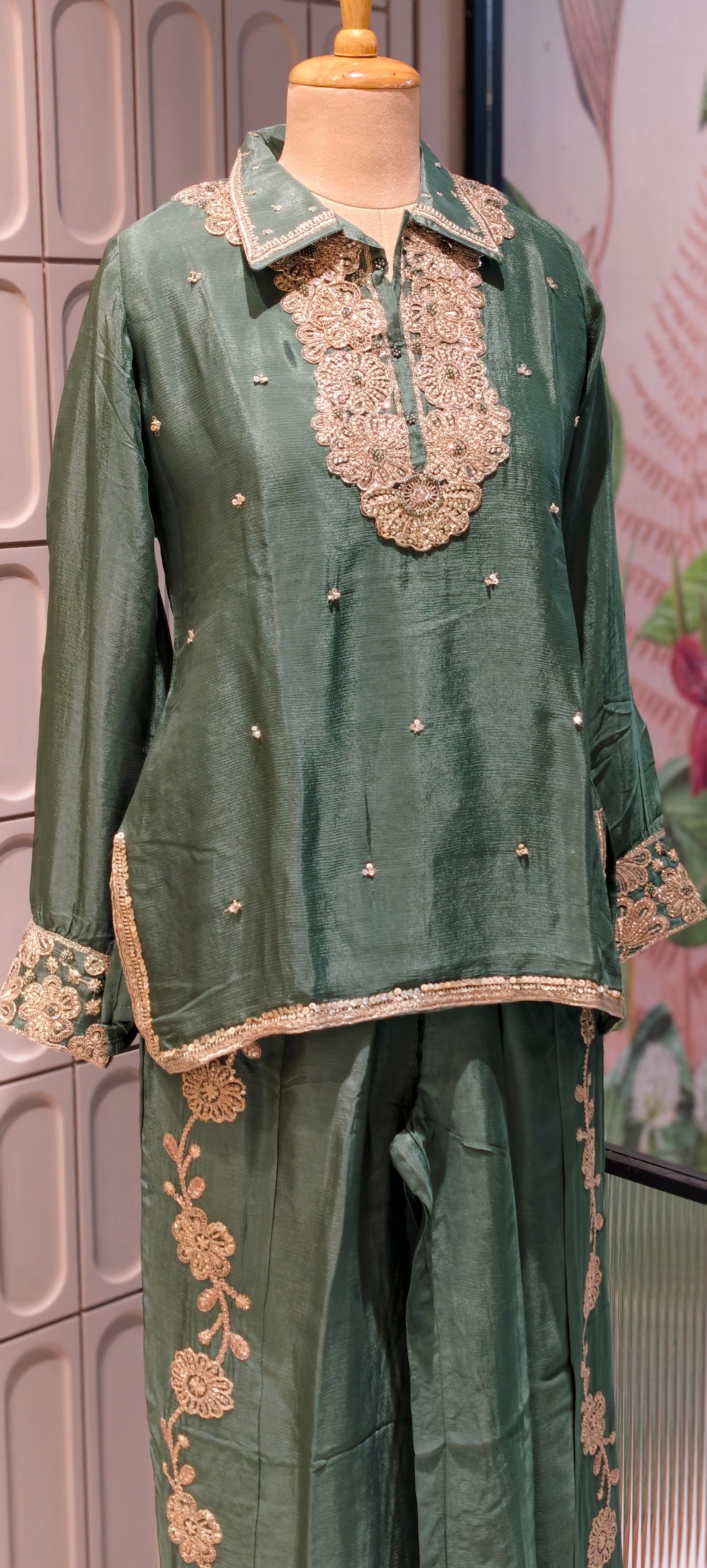 Designer Shirt Style Kurta Luxury Chinon Fabric Co-Ord Set with Intricate Embroidery 13996 RB07